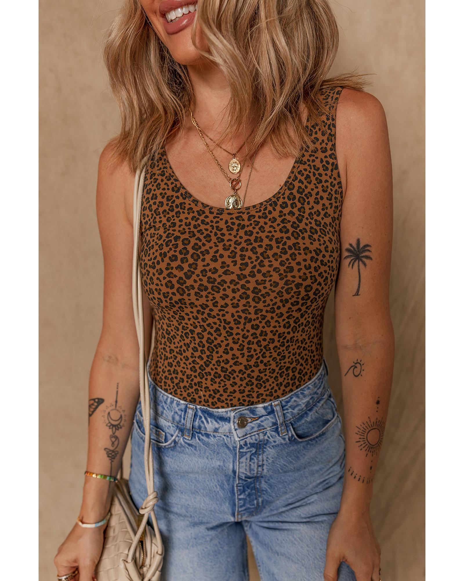 Brown Leopard Printed Sleeveless Scoop Neck Bodysuit - XL 5