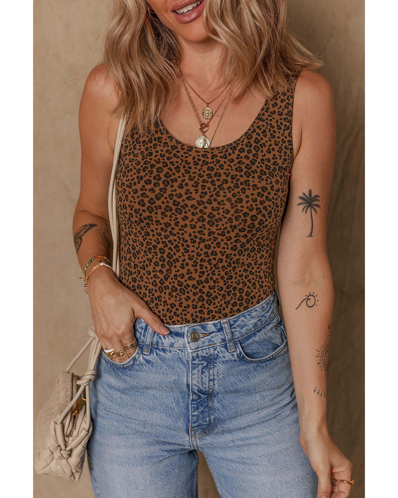 Brown Leopard Printed Sleeveless Scoop Neck Bodysuit - XL 7