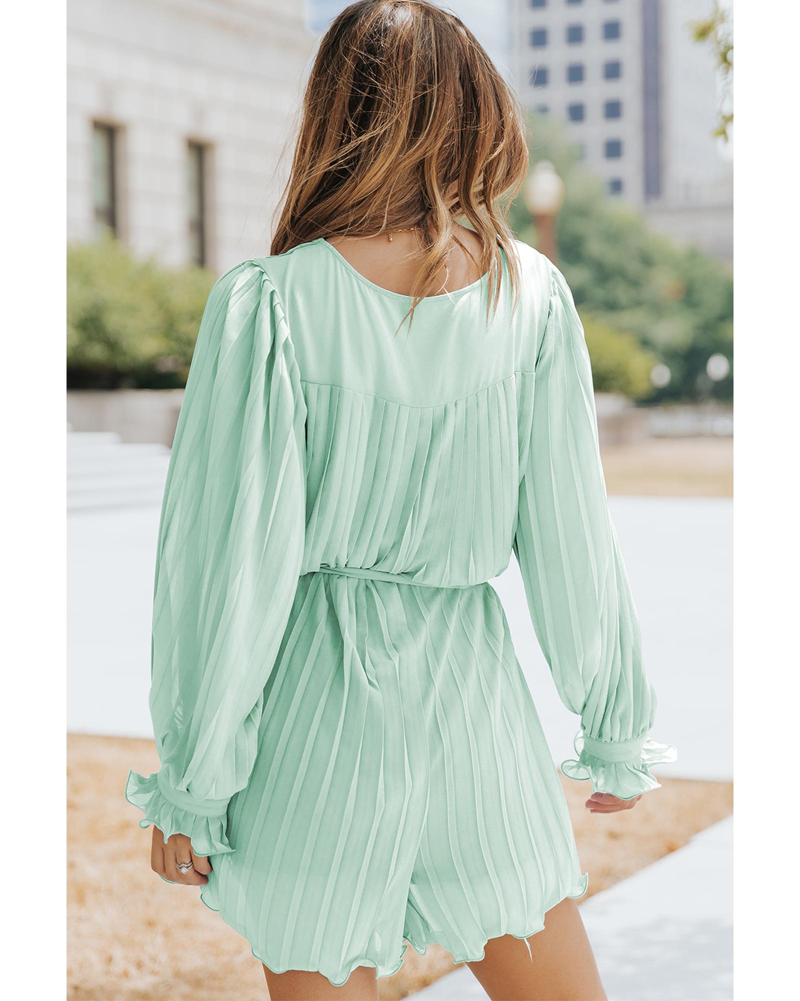 Green Pleated Ruffled Tie Waist Buttons V Neck Romper - M 4