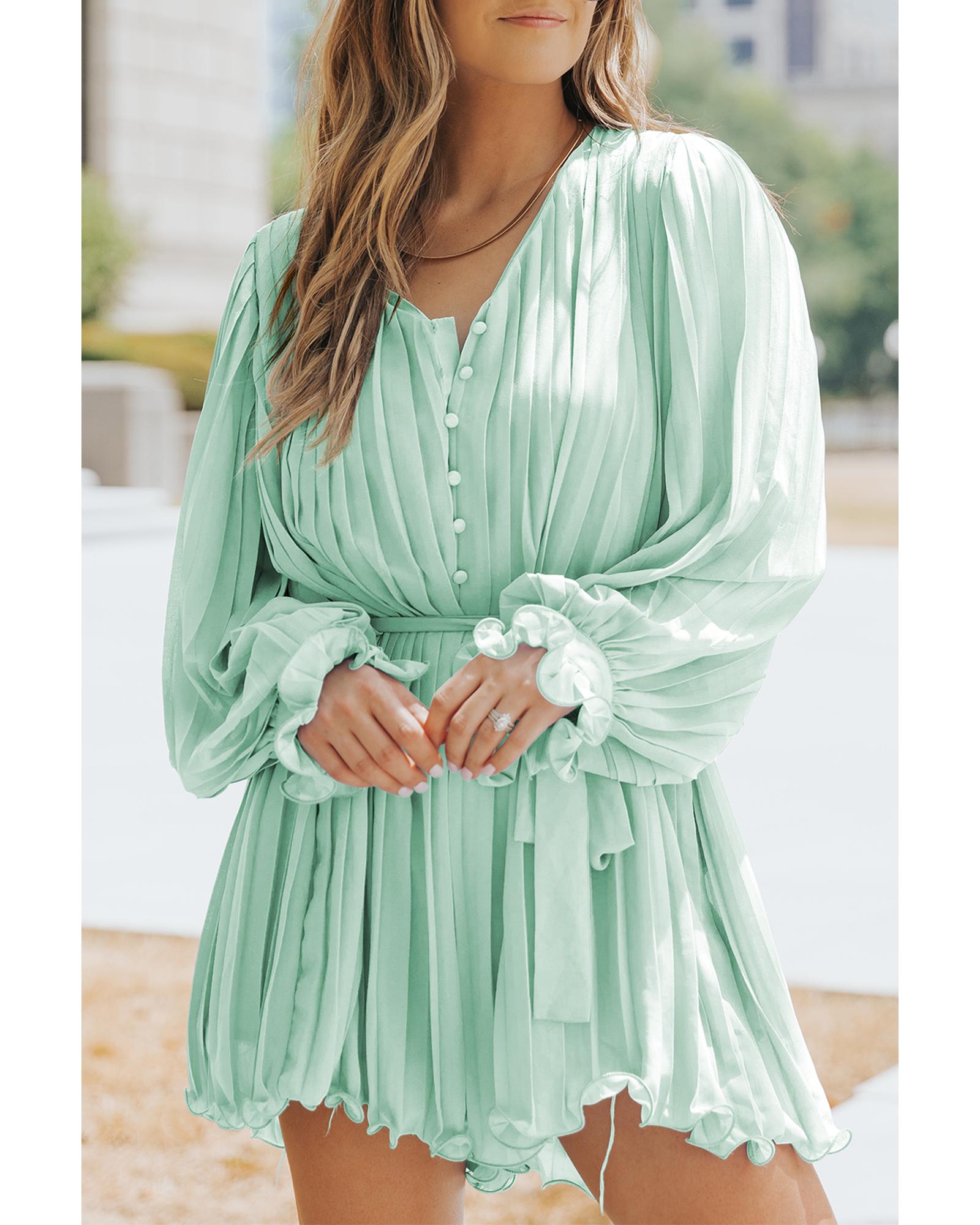 Green Pleated Ruffled Tie Waist Buttons V Neck Romper - S 5