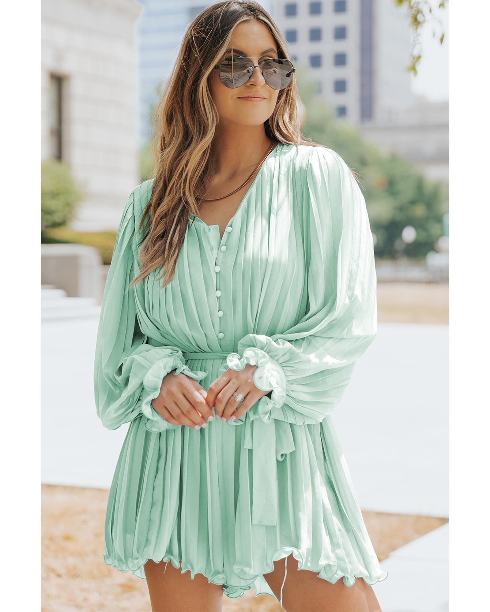 Green Pleated Ruffled Tie Waist Buttons V Neck Romper - XL 4