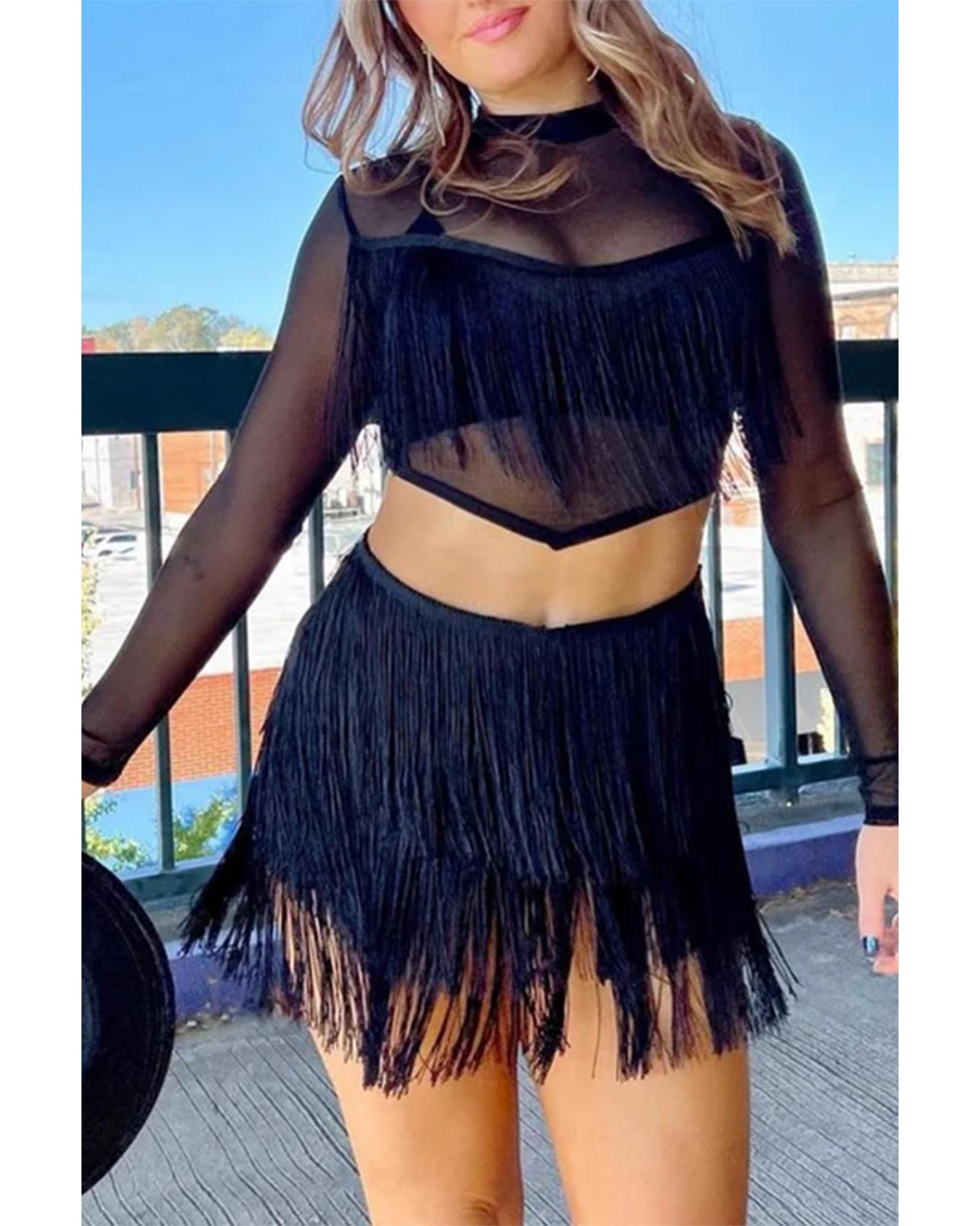Black Tiered Fringe Trimmed Mini Skirt - S 4