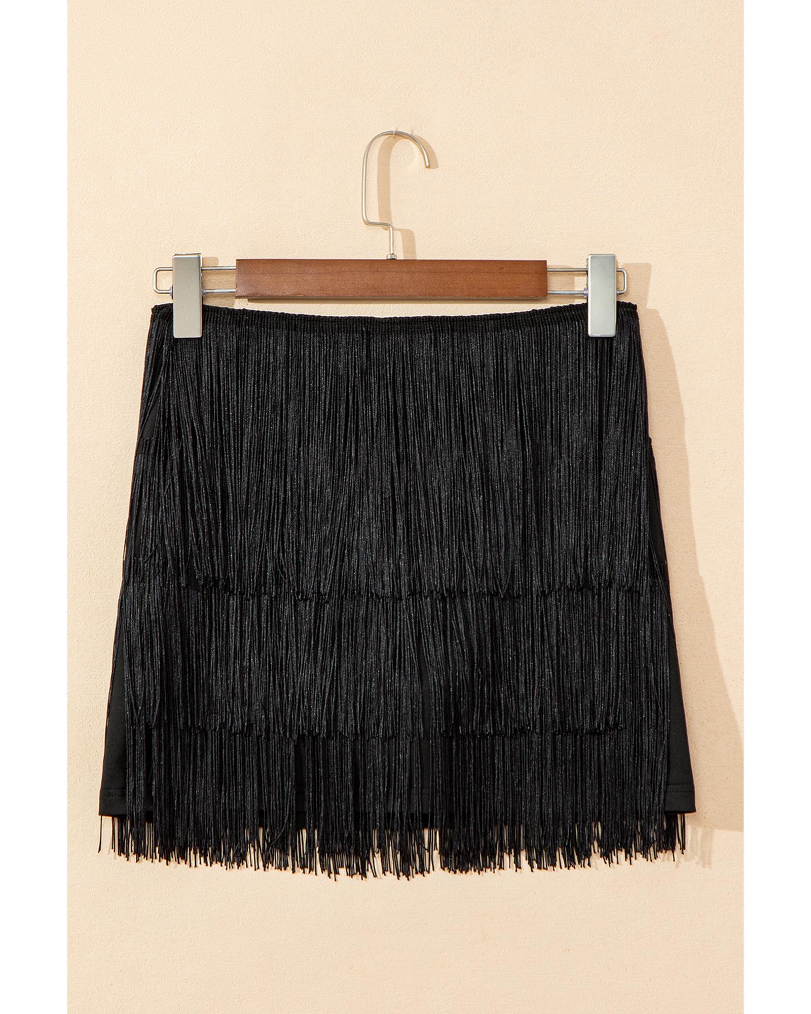 Black Tiered Fringe Trimmed Mini Skirt - S 5