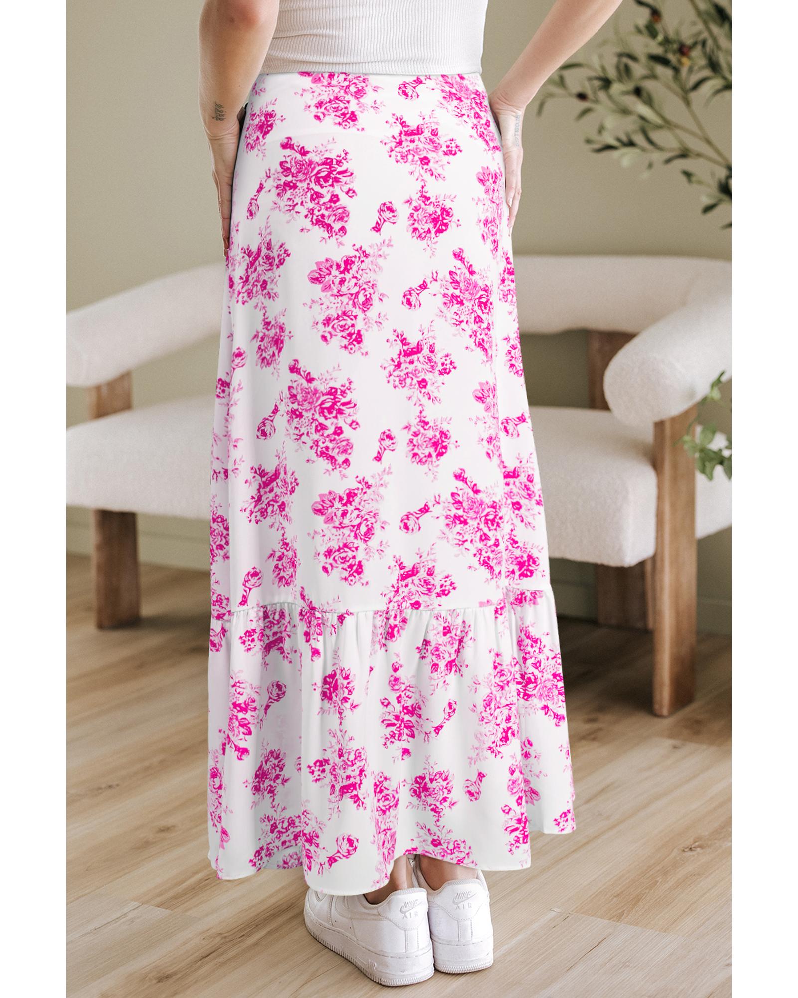 Rose Boho Floral High Waist Ruffle Split Maxi Skirt - M