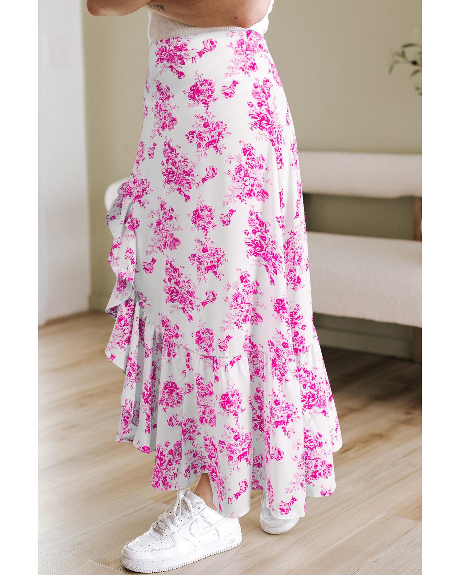 Rose Boho Floral High Waist Ruffle Split Maxi Skirt - M 3