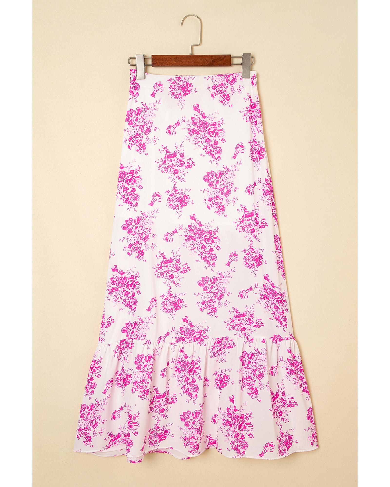 Rose Boho Floral High Waist Ruffle Split Maxi Skirt - M 5