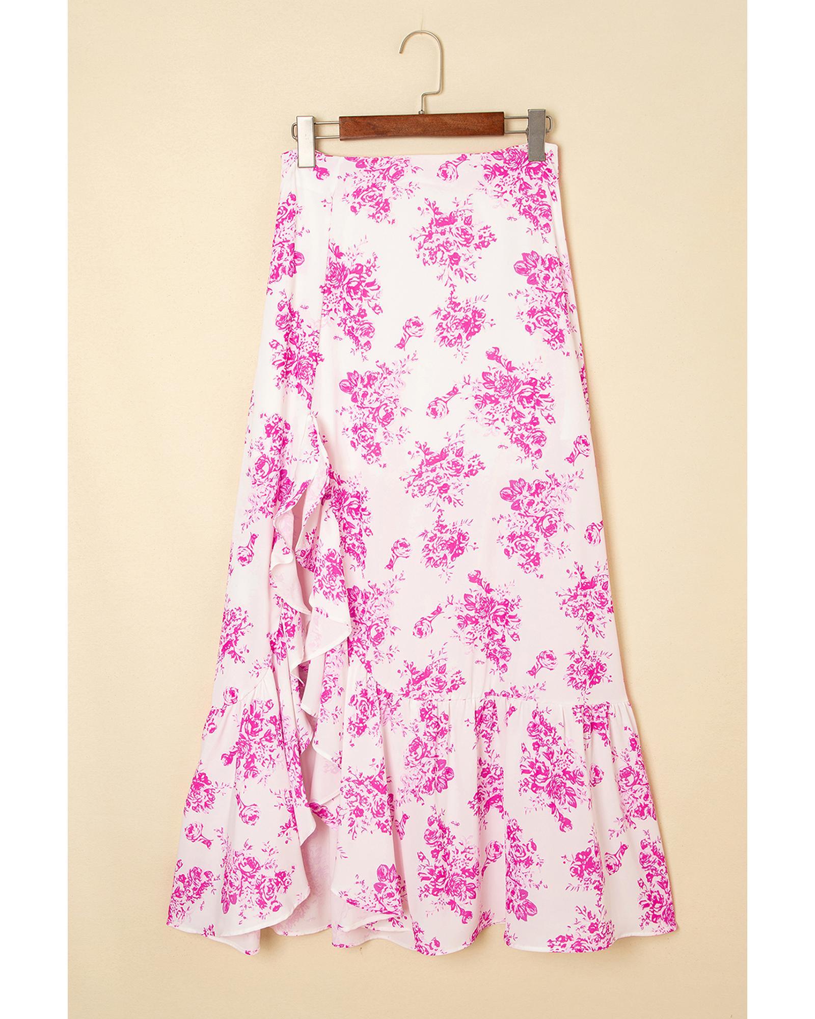 Rose Boho Floral High Waist Ruffle Split Maxi Skirt - XL 4