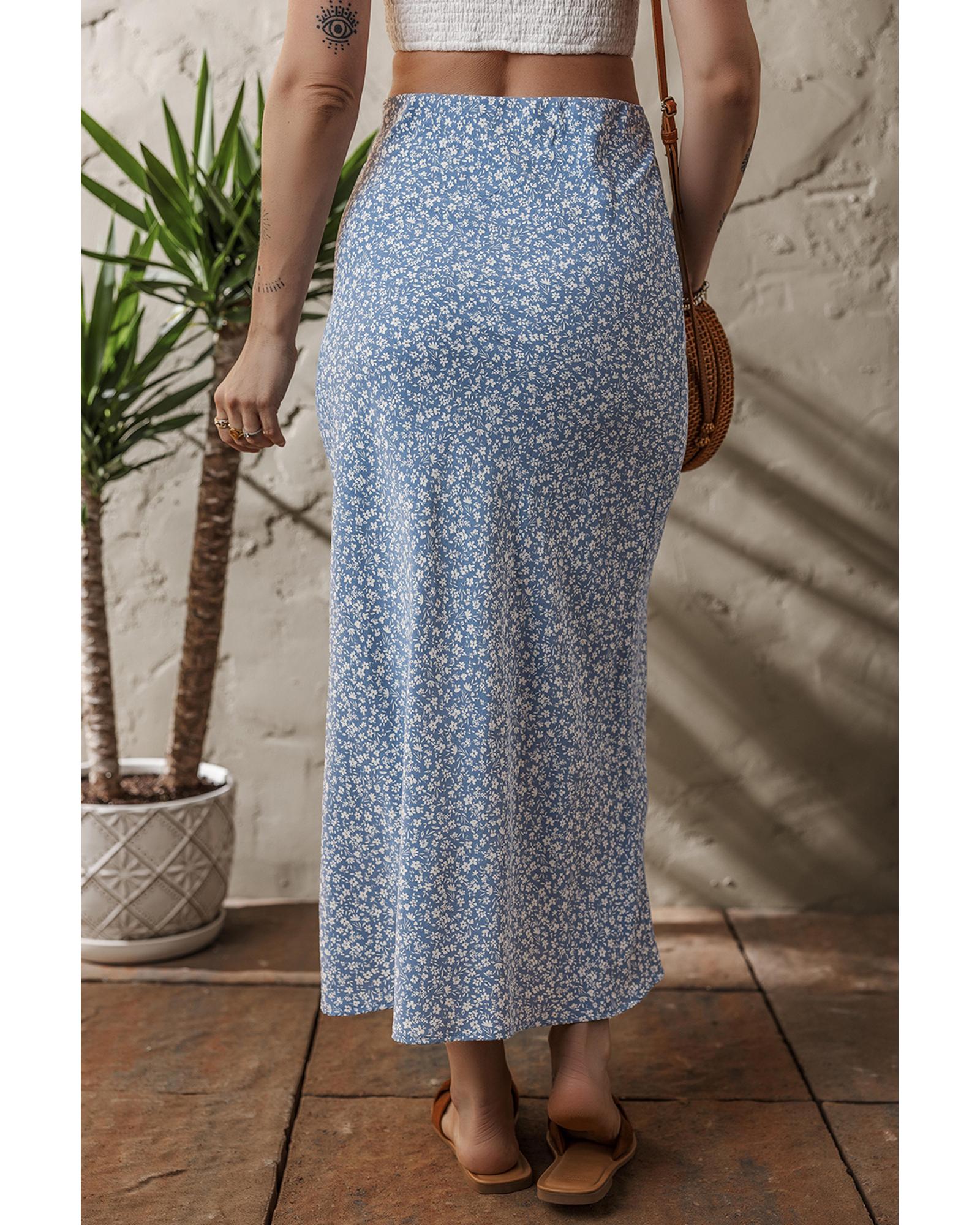 Sky Blue Boho Floral High Waist Long Skirt with Side Split - M