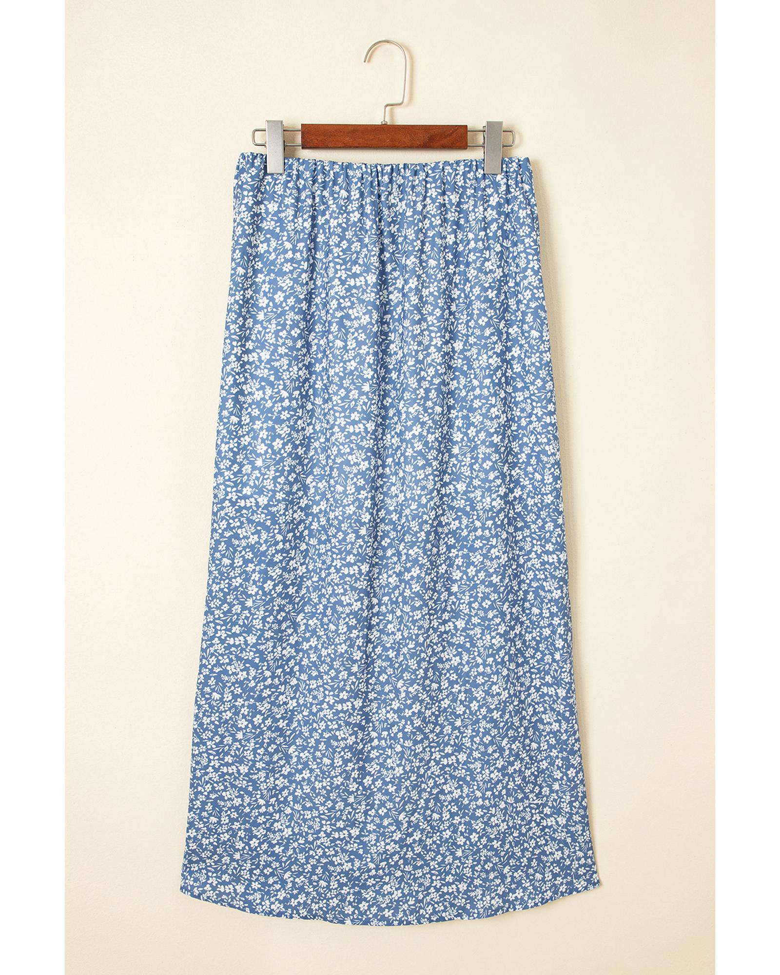 Sky Blue Boho Floral High Waist Long Skirt with Side Split - M 3