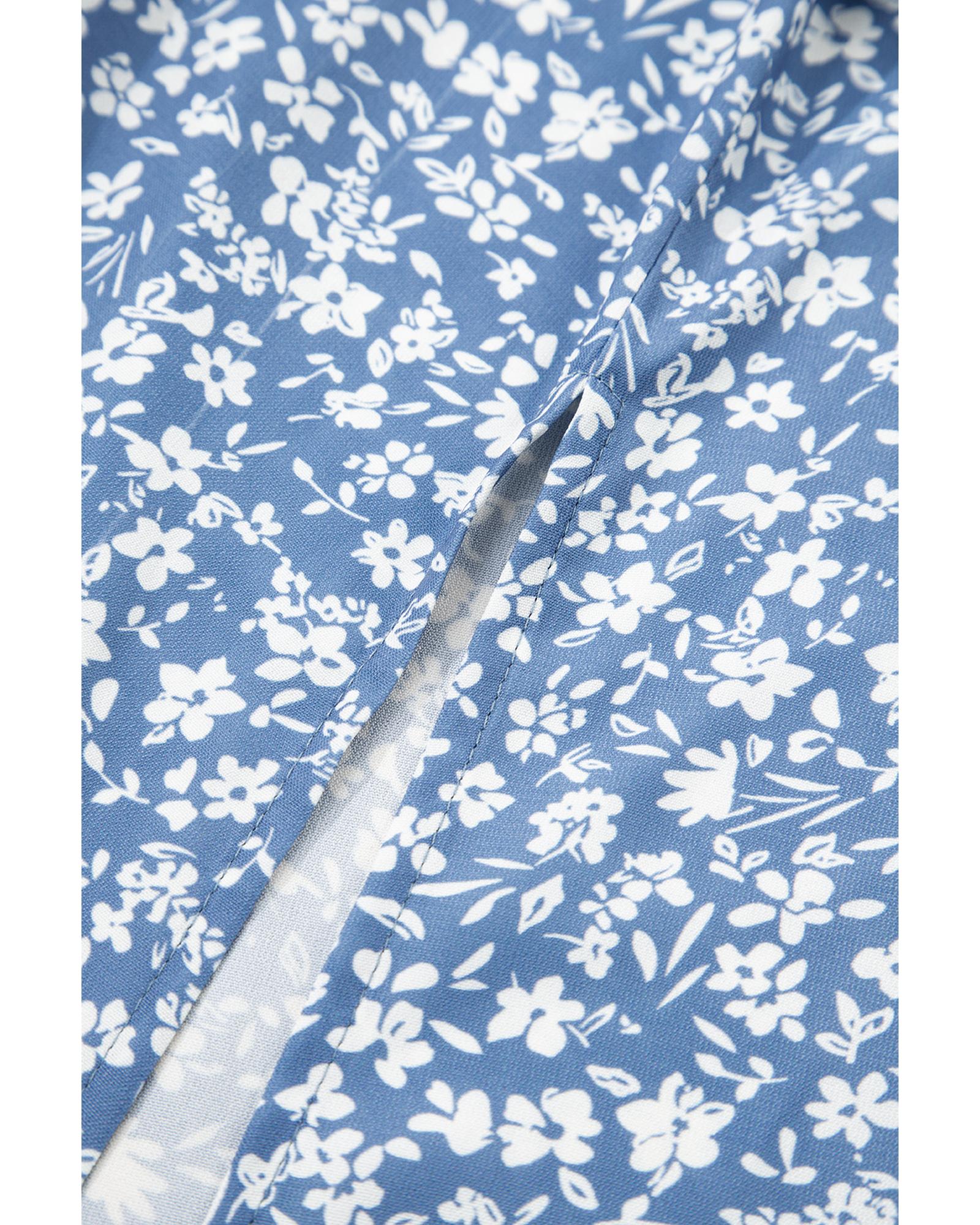 Sky Blue Boho Floral High Waist Long Skirt with Side Split - M 6