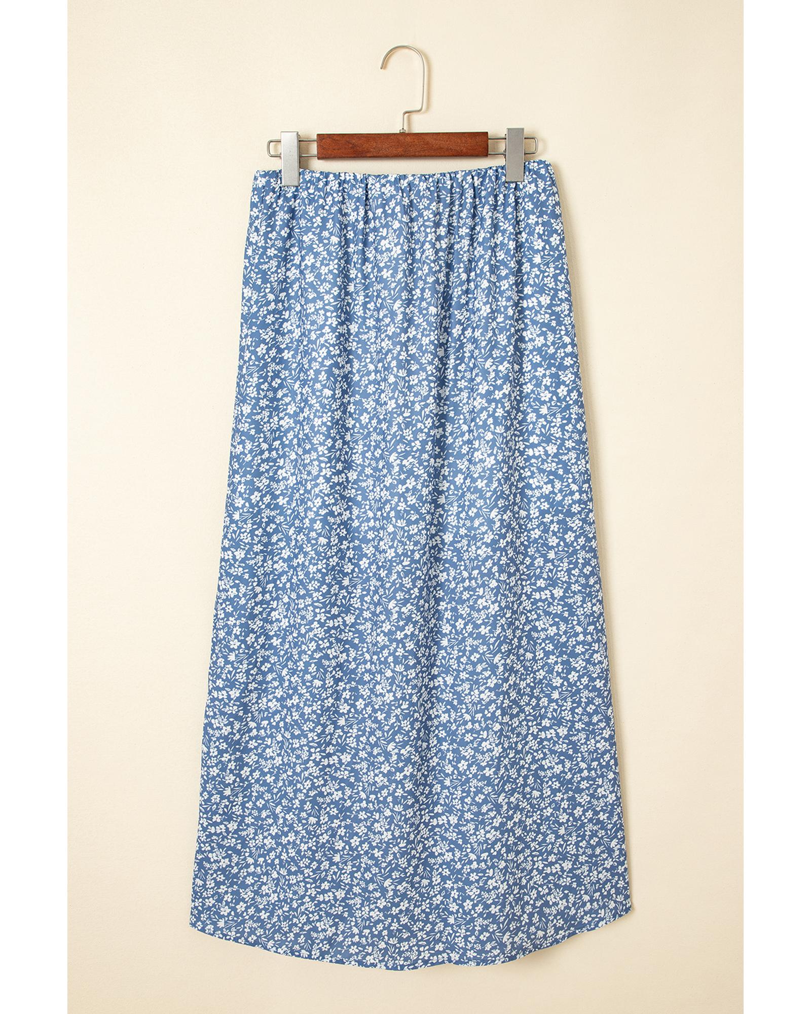 Sky Blue Boho Floral High Waist Long Skirt with Side Split - XL 4