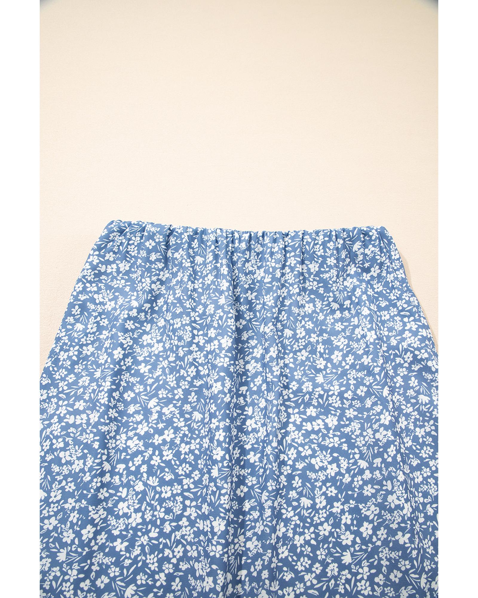 Sky Blue Boho Floral High Waist Long Skirt with Side Split - XL 5