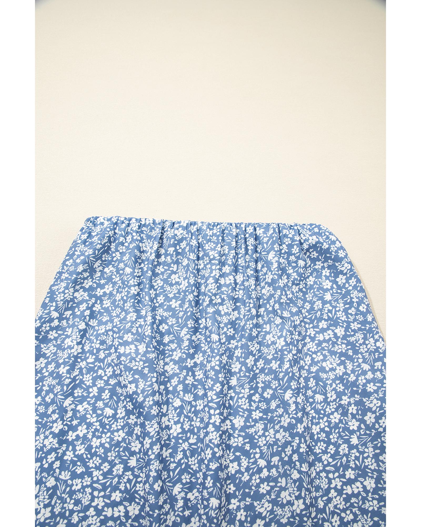 Sky Blue Boho Floral High Waist Long Skirt with Side Split - XL 7