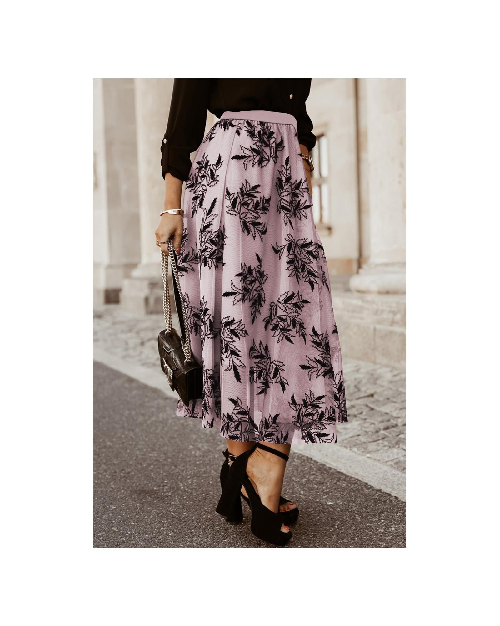 Peach Blossom Floral Leaves Embroidered High Waist Maxi Skirt - M 3