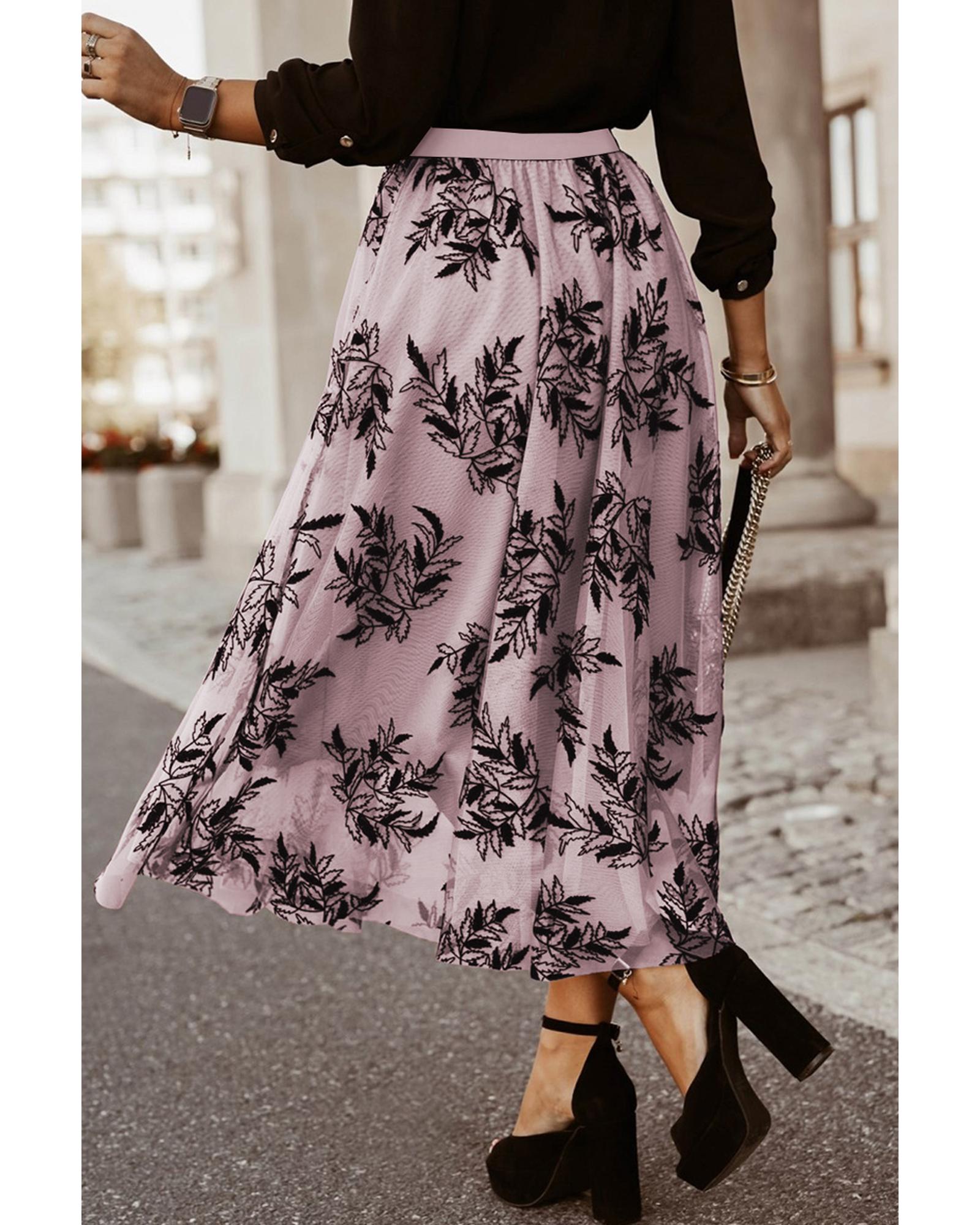 Peach Blossom Floral Leaves Embroidered High Waist Maxi Skirt - S