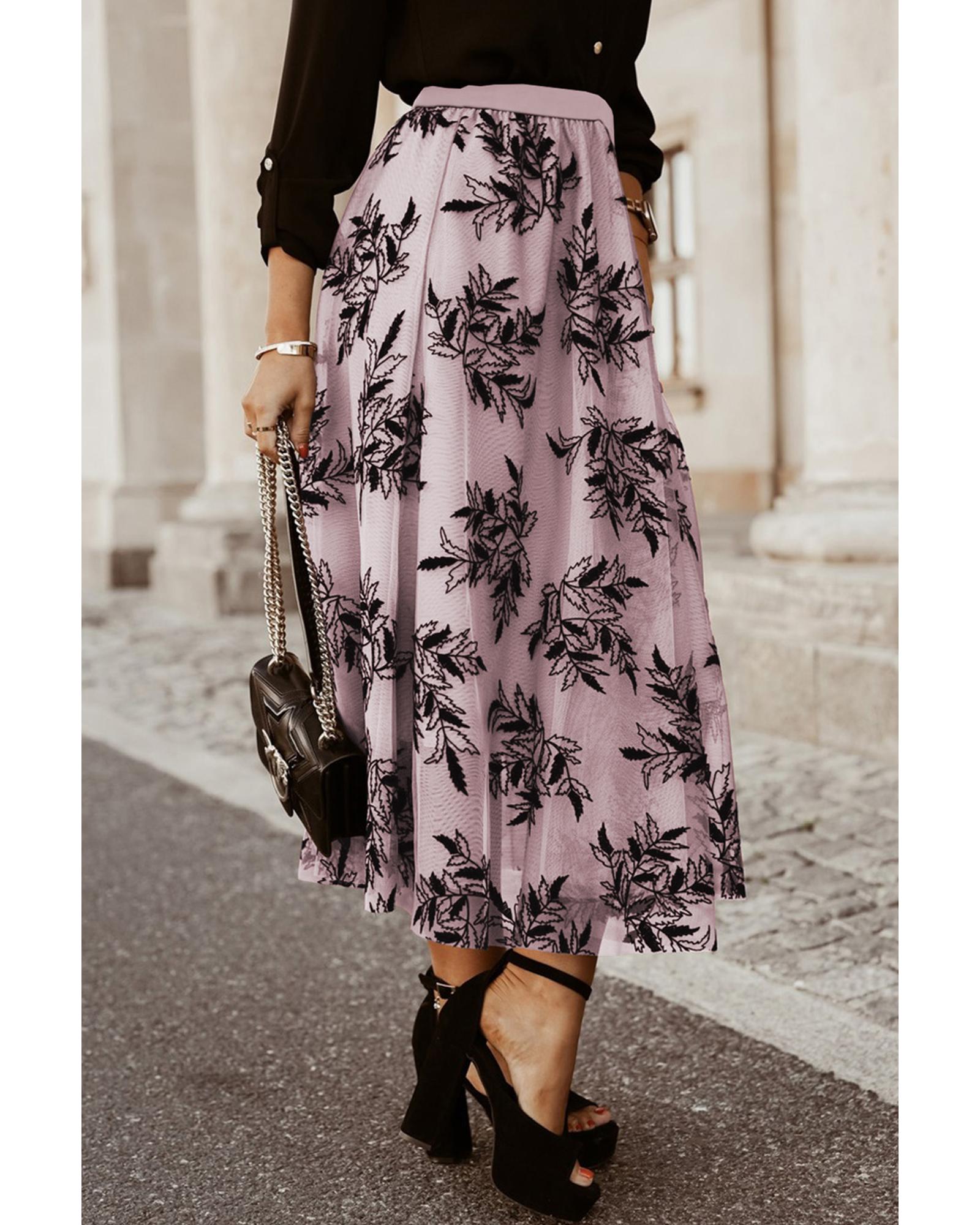 Peach Blossom Floral Leaves Embroidered High Waist Maxi Skirt - S 3