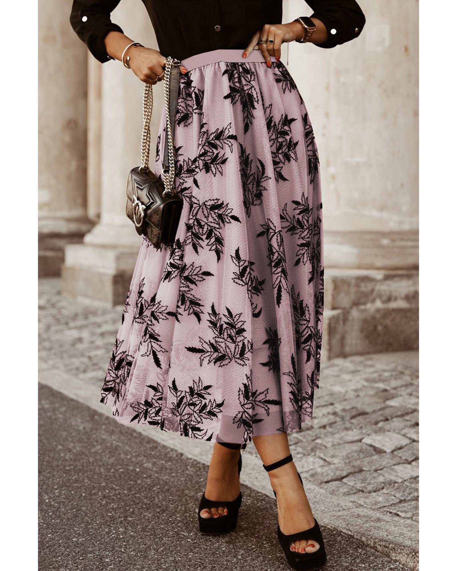Peach Blossom Floral Leaves Embroidered High Waist Maxi Skirt - XL