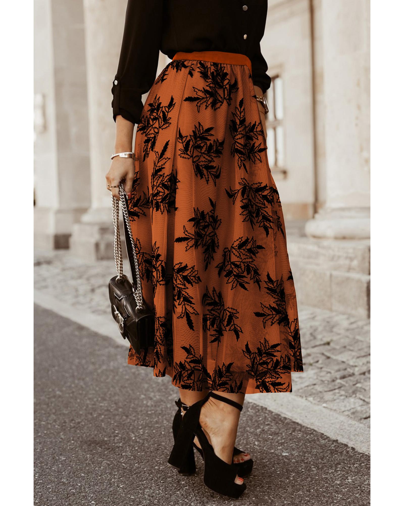 Gold Flame Floral Leaves Embroidered High Waist Maxi Skirt - L