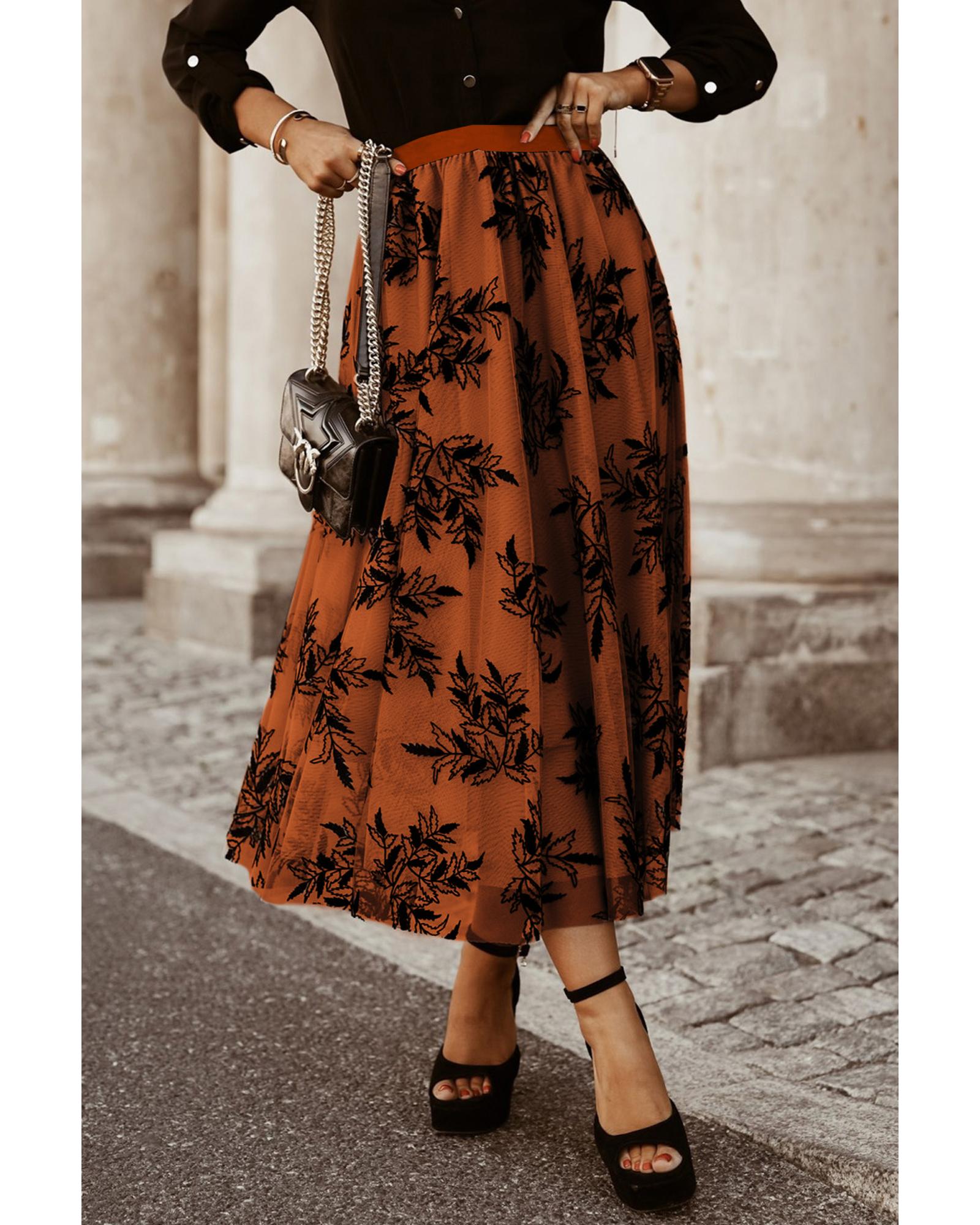 Gold Flame Floral Leaves Embroidered High Waist Maxi Skirt - L 4