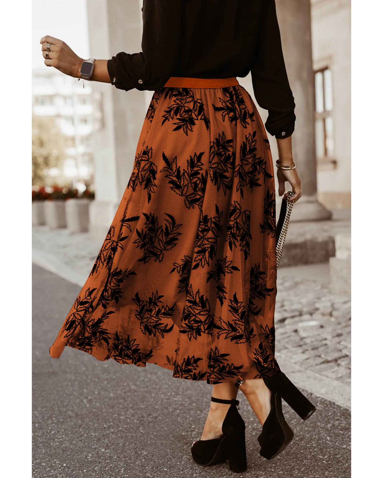 Gold Flame Floral Leaves Embroidered High Waist Maxi Skirt - L 5
