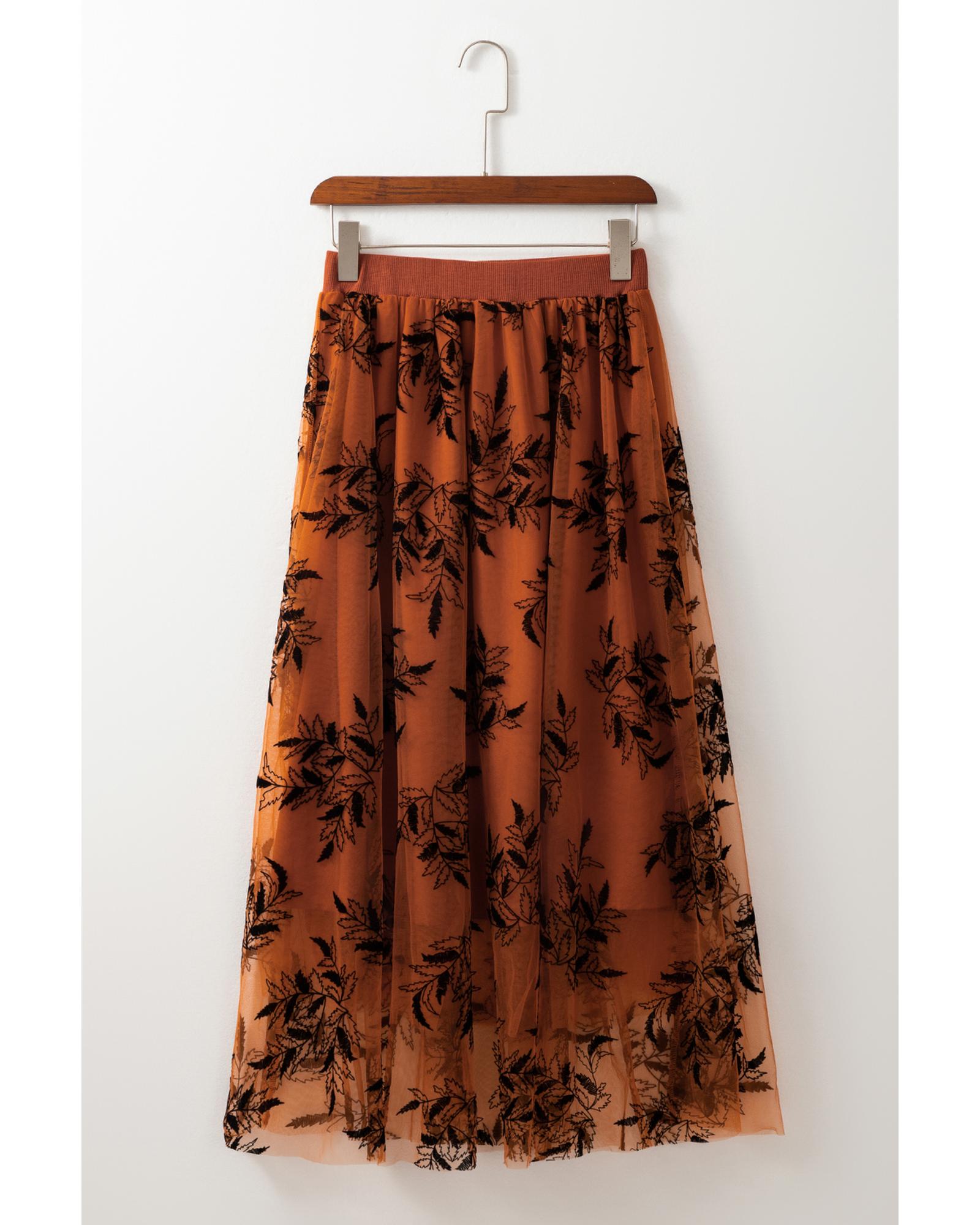 Gold Flame Floral Leaves Embroidered High Waist Maxi Skirt - L 6
