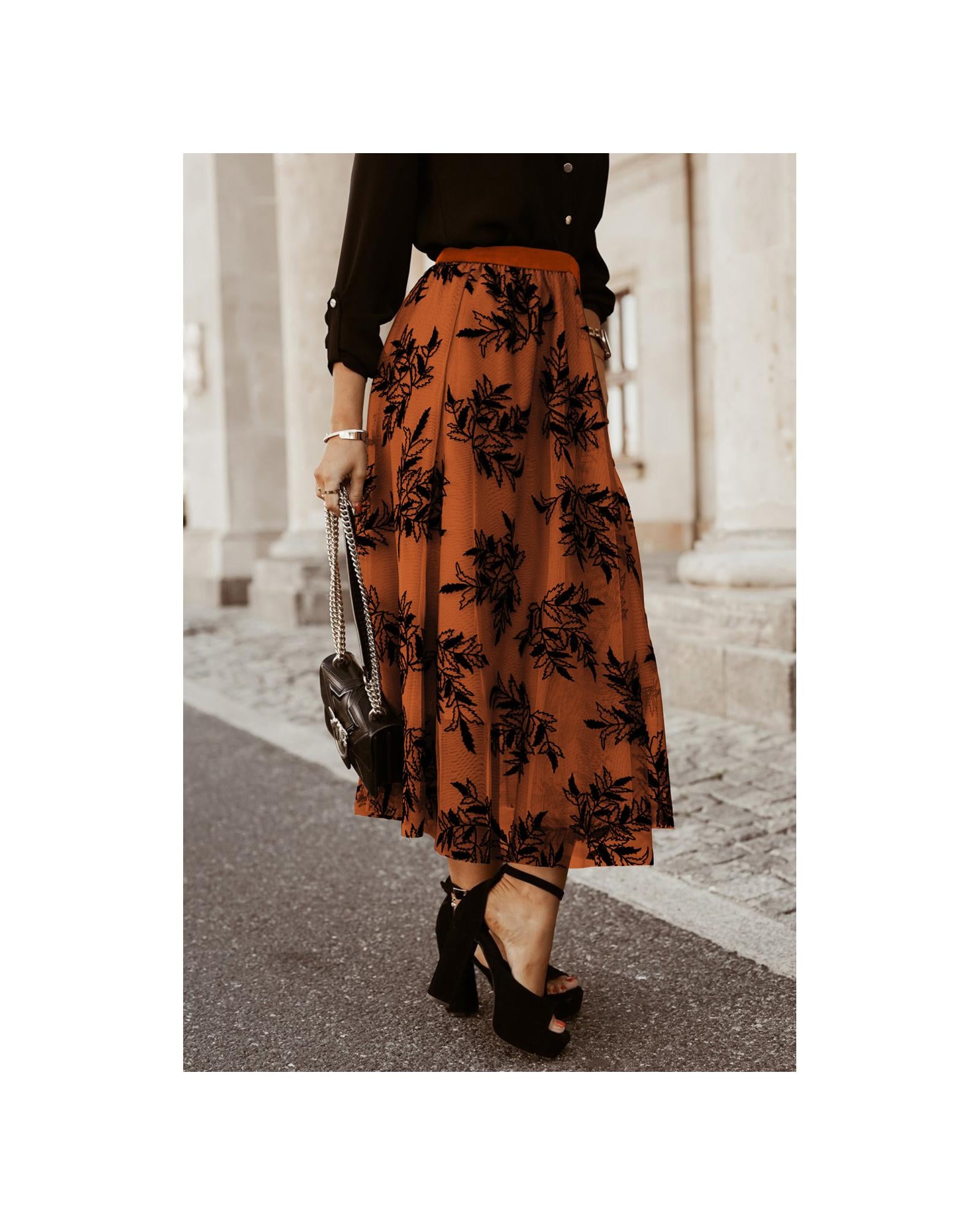 Gold Flame Floral Leaves Embroidered High Waist Maxi Skirt - M 3