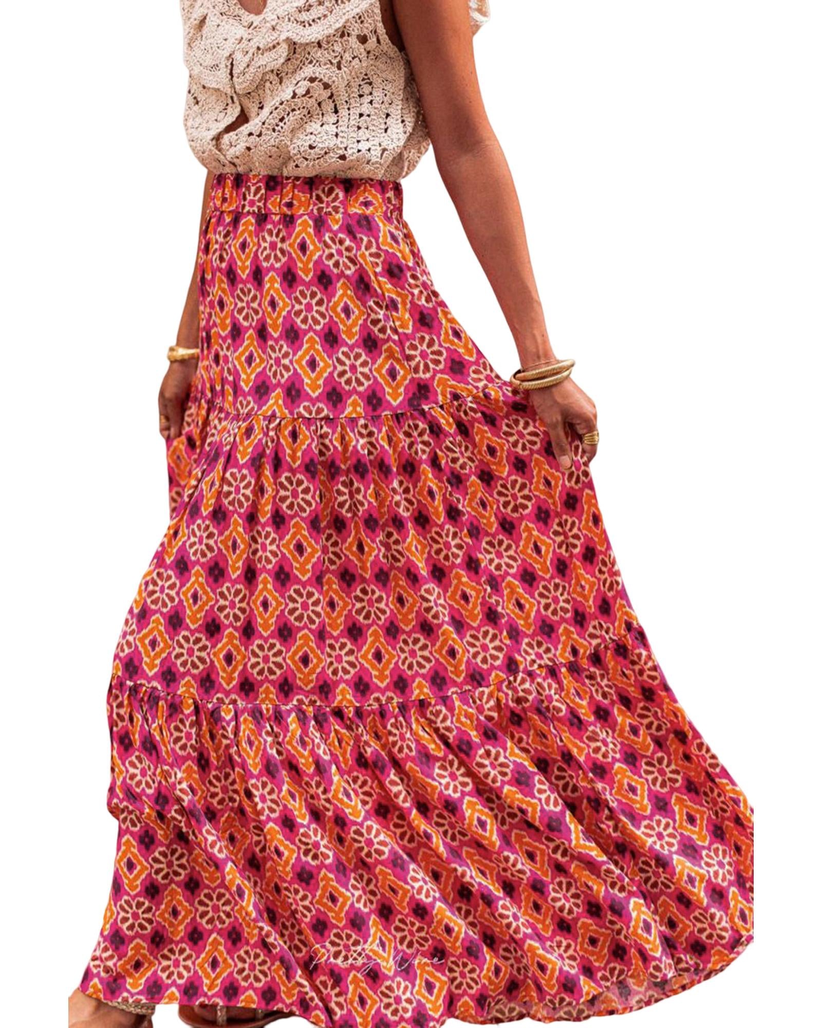 Rose Vintage Boho Floral Print Tiered Maxi Skirt - M