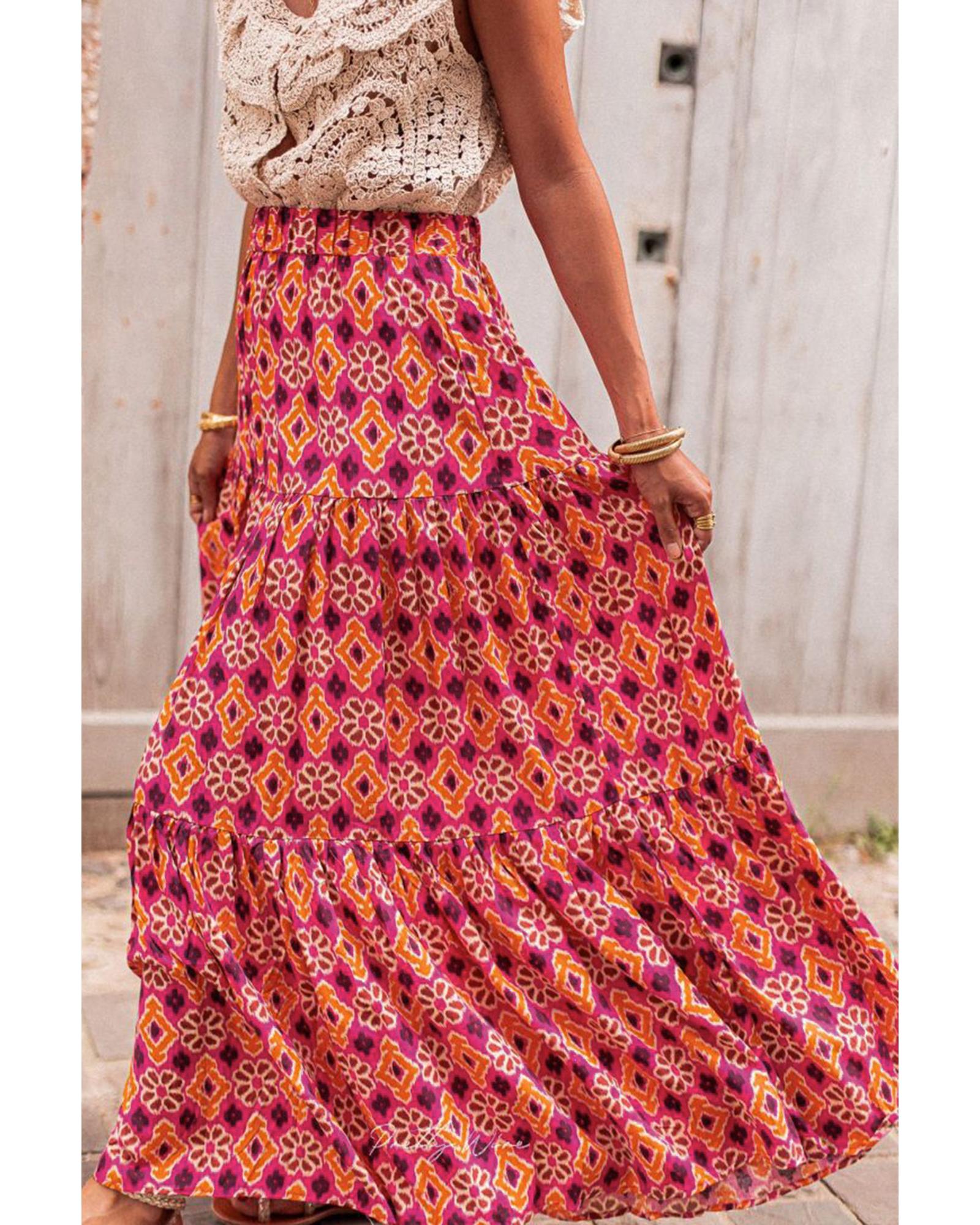 Rose Vintage Boho Floral Print Tiered Maxi Skirt - M