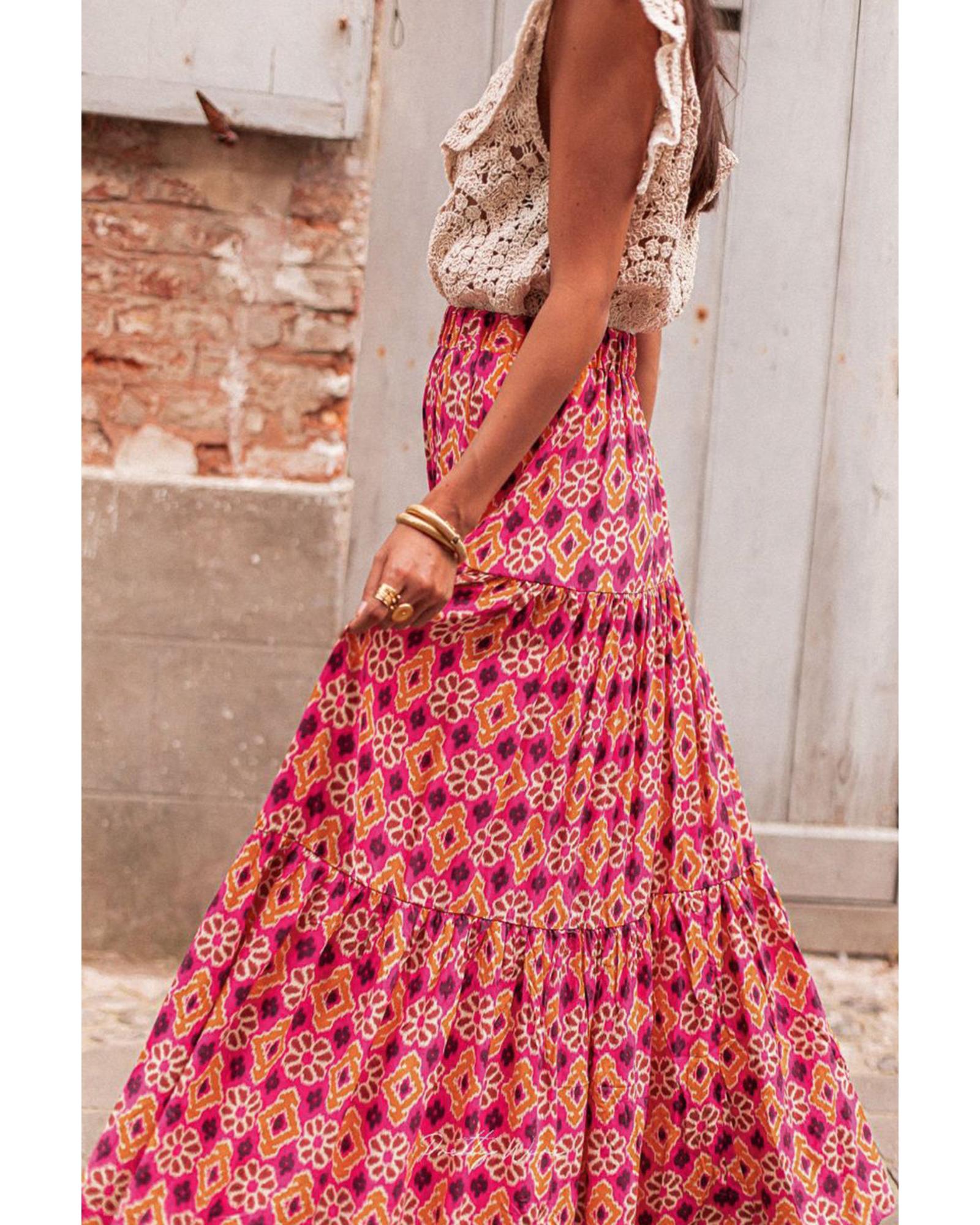 Rose Vintage Boho Floral Print Tiered Maxi Skirt - M 3