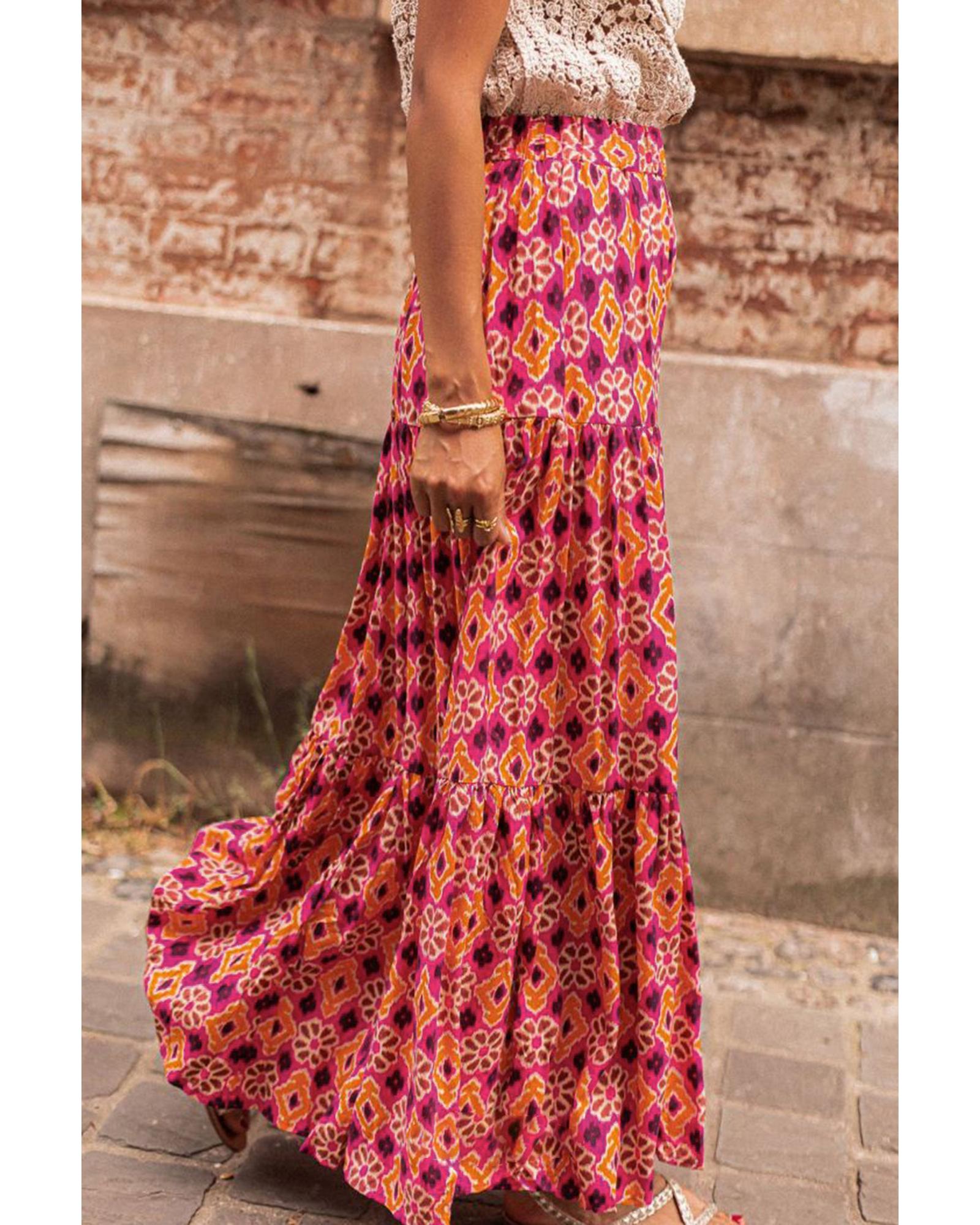 Rose Vintage Boho Floral Print Tiered Maxi Skirt - M 4