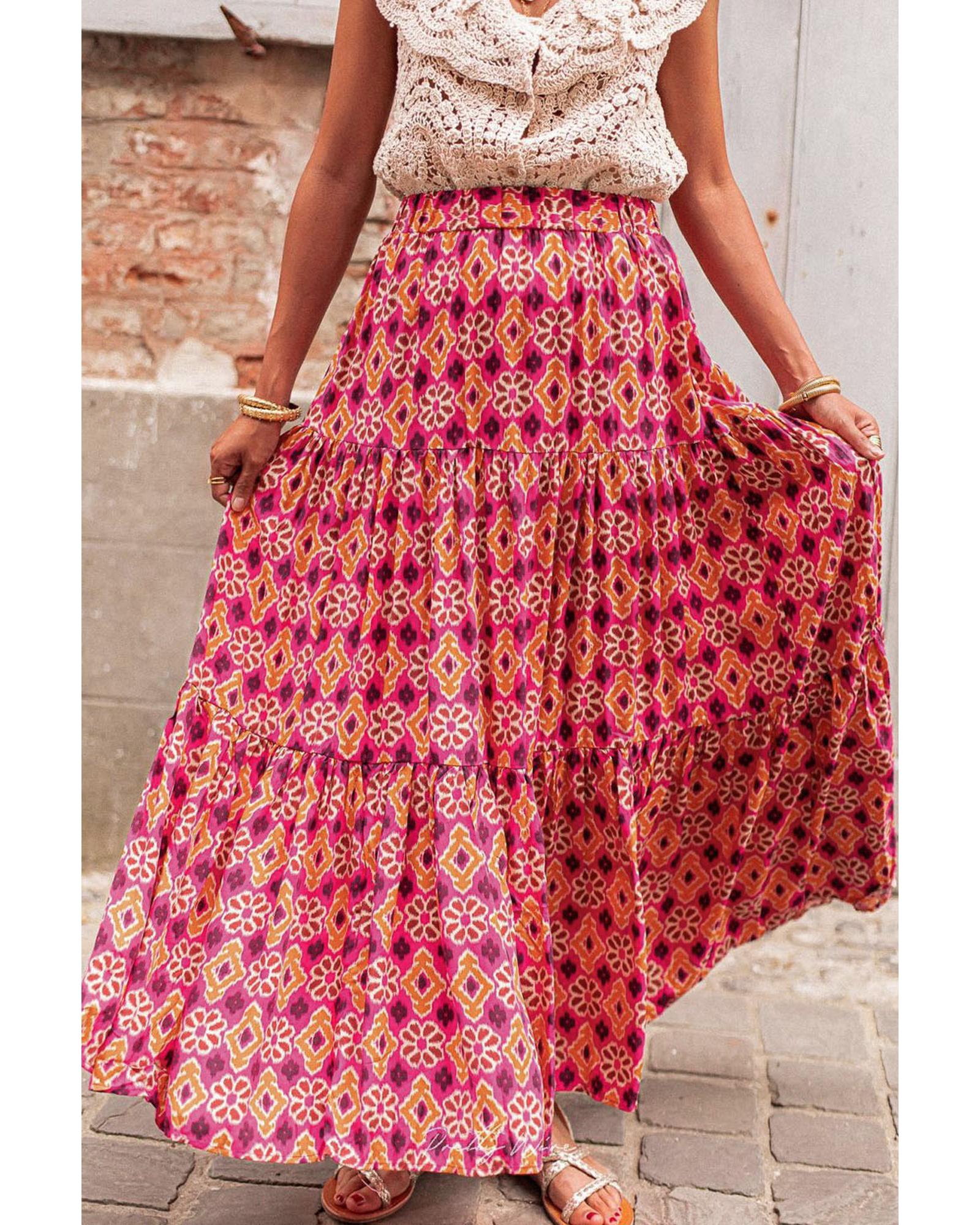 Rose Vintage Boho Floral Print Tiered Maxi Skirt - M 5