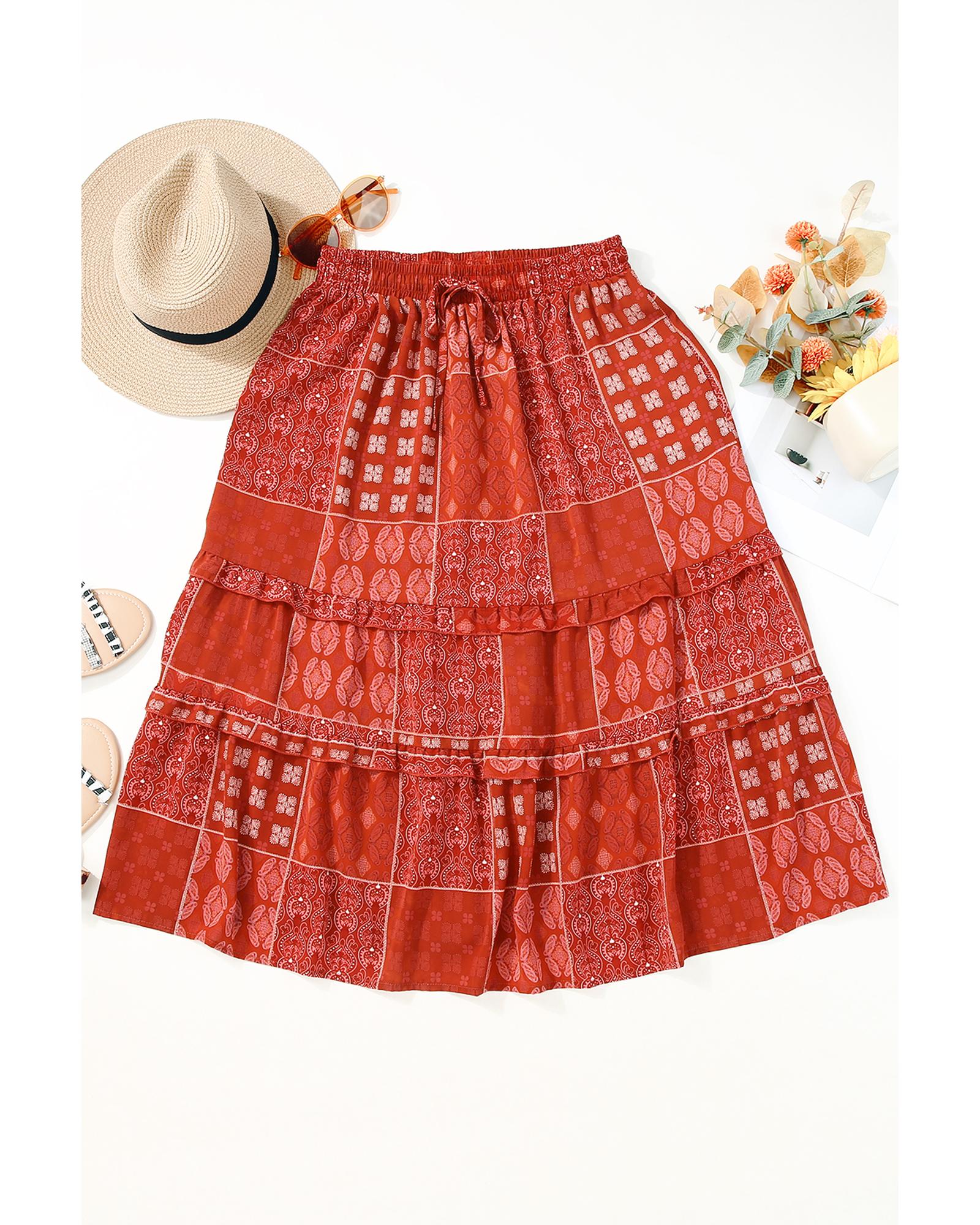 Red Bohemian Mix Print Long Flared Skirt - L 3