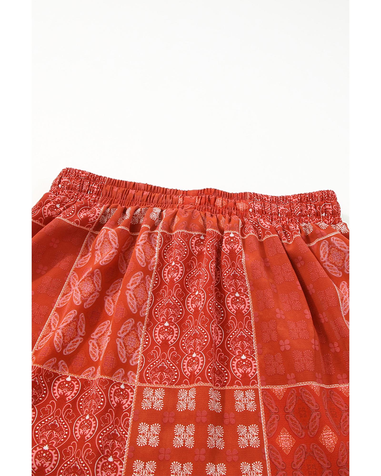 Red Bohemian Mix Print Long Flared Skirt - L 4