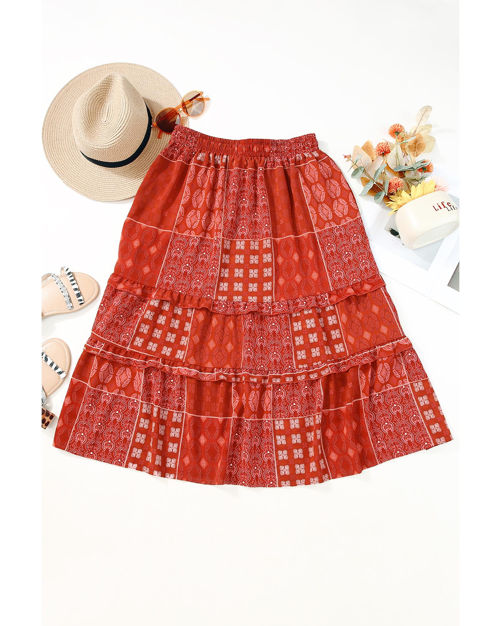 Red Bohemian Mix Print Long Flared Skirt - L 5