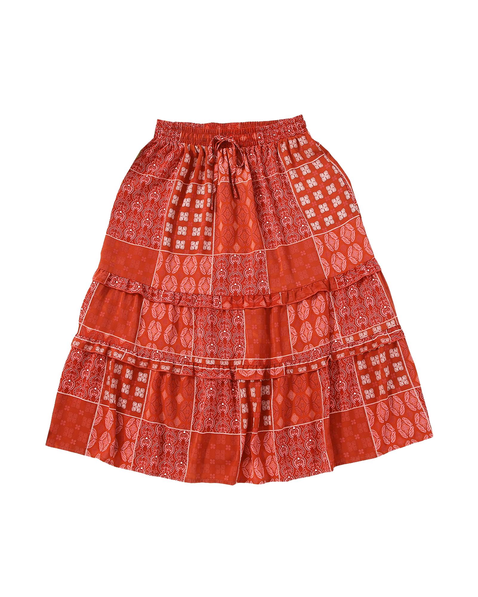 Red Bohemian Mix Print Long Flared Skirt - L 7