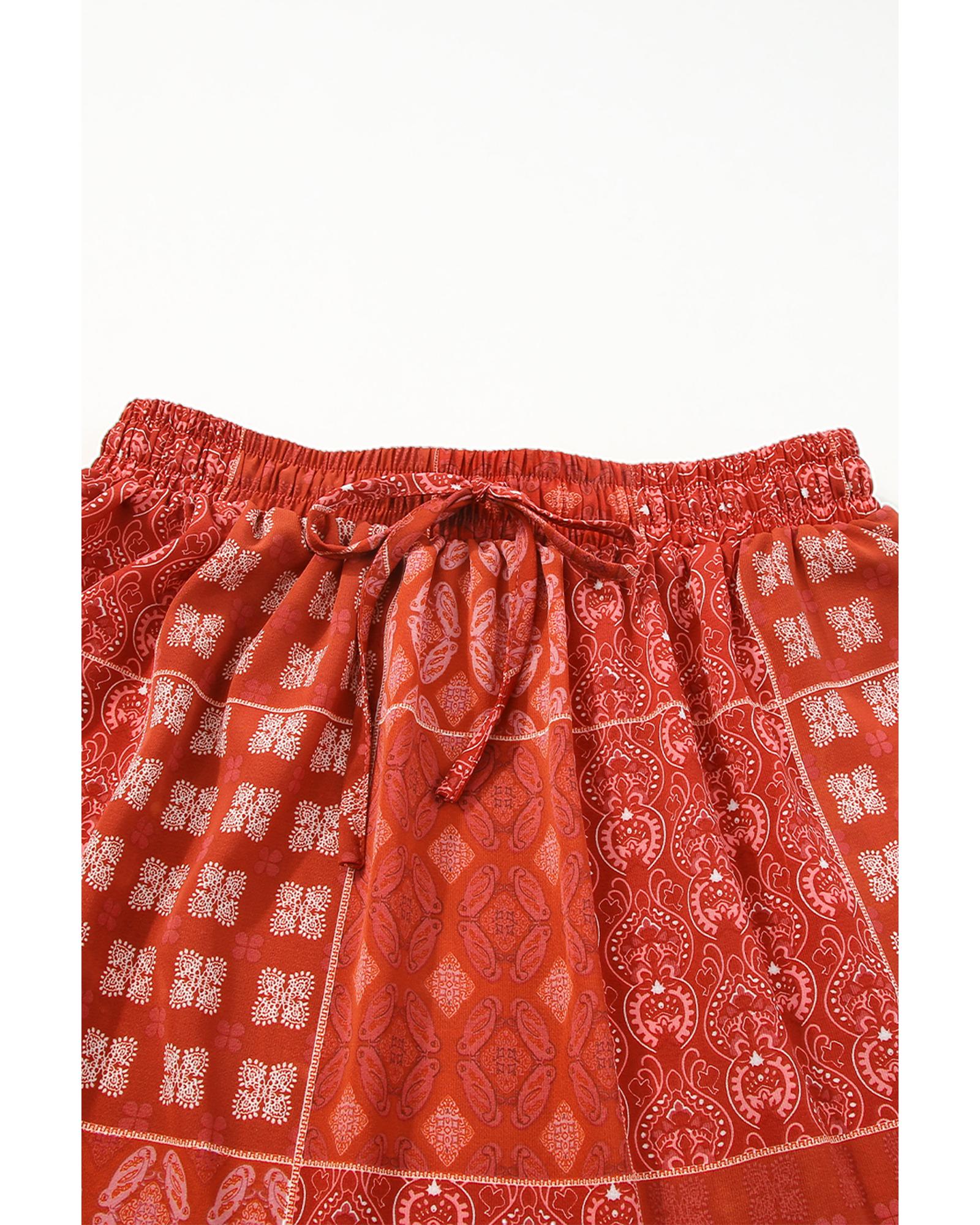 Red Bohemian Mix Print Long Flared Skirt - M