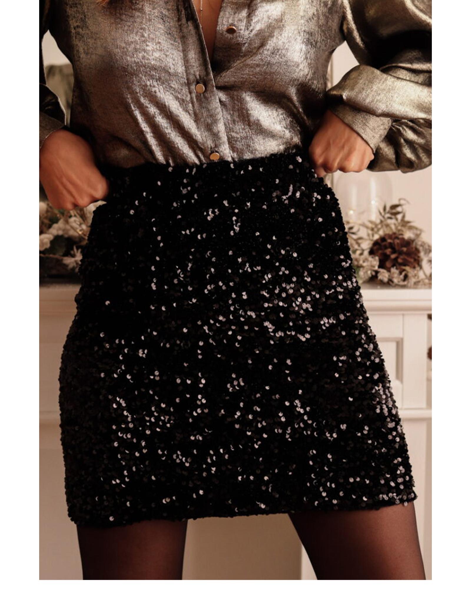 Black Sequin Bodycon Mini Skirt - L 22