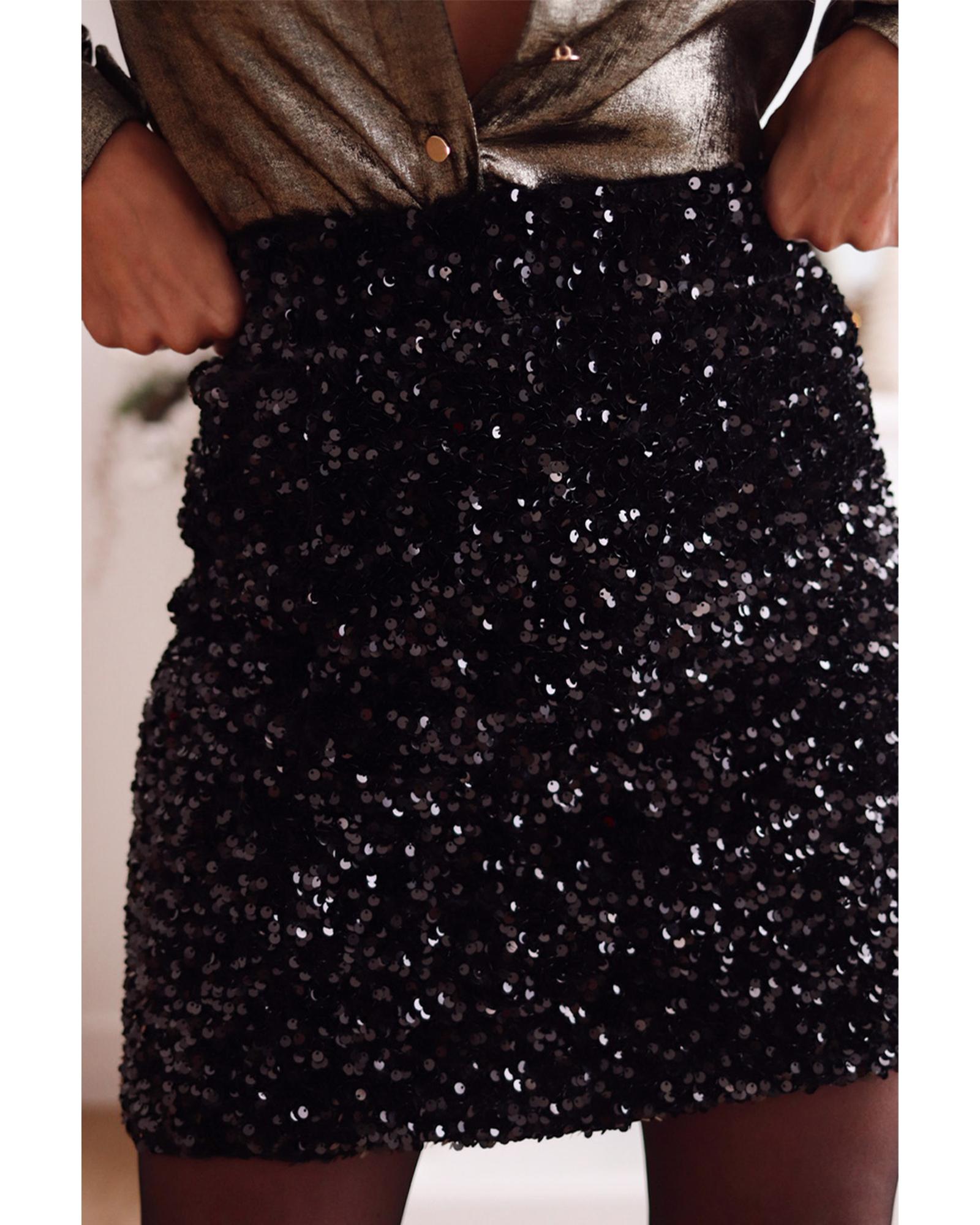 Black Sequin Bodycon Mini Skirt - L 17