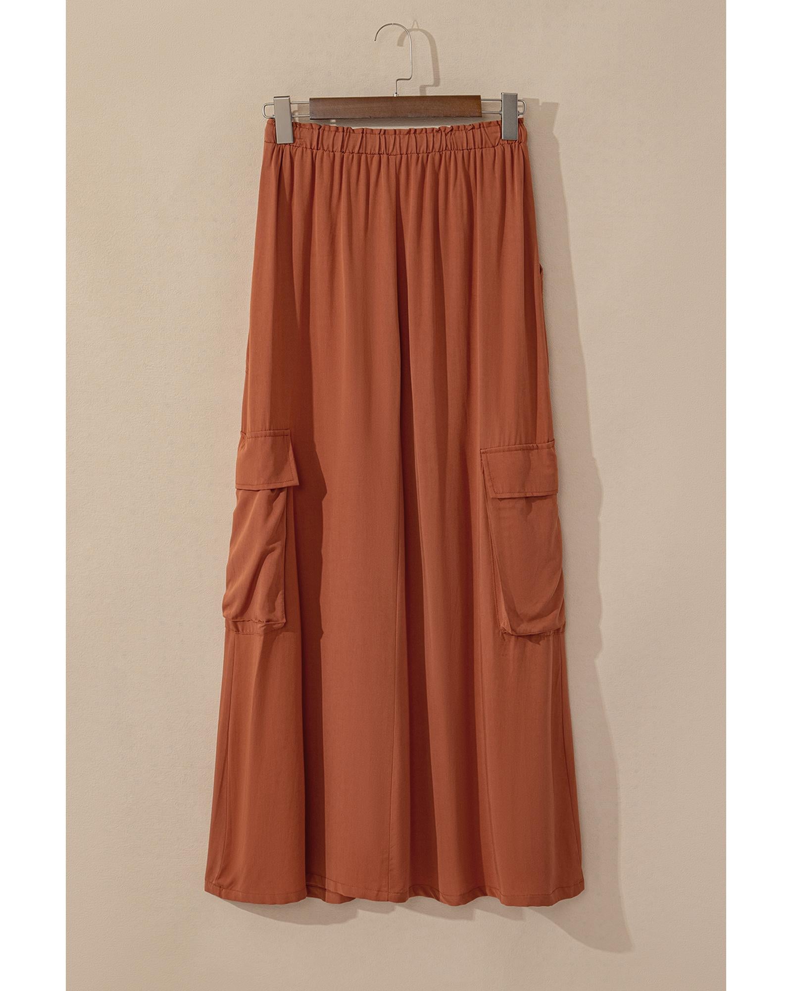 Chestnut Mineral Wash Cargo Pocket Drawstring Waist Maxi Skirt - M