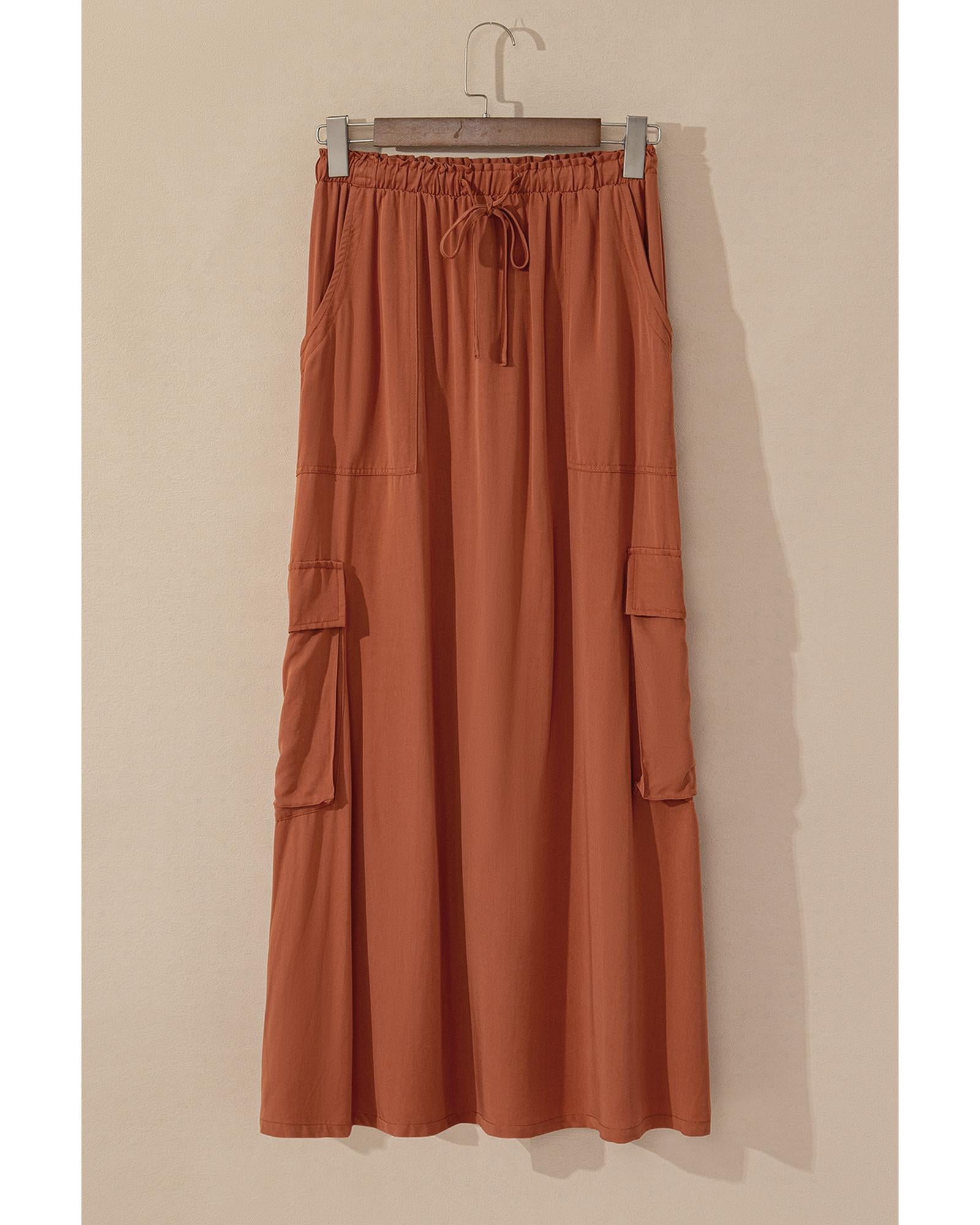 Chestnut Mineral Wash Cargo Pocket Drawstring Waist Maxi Skirt - M 3
