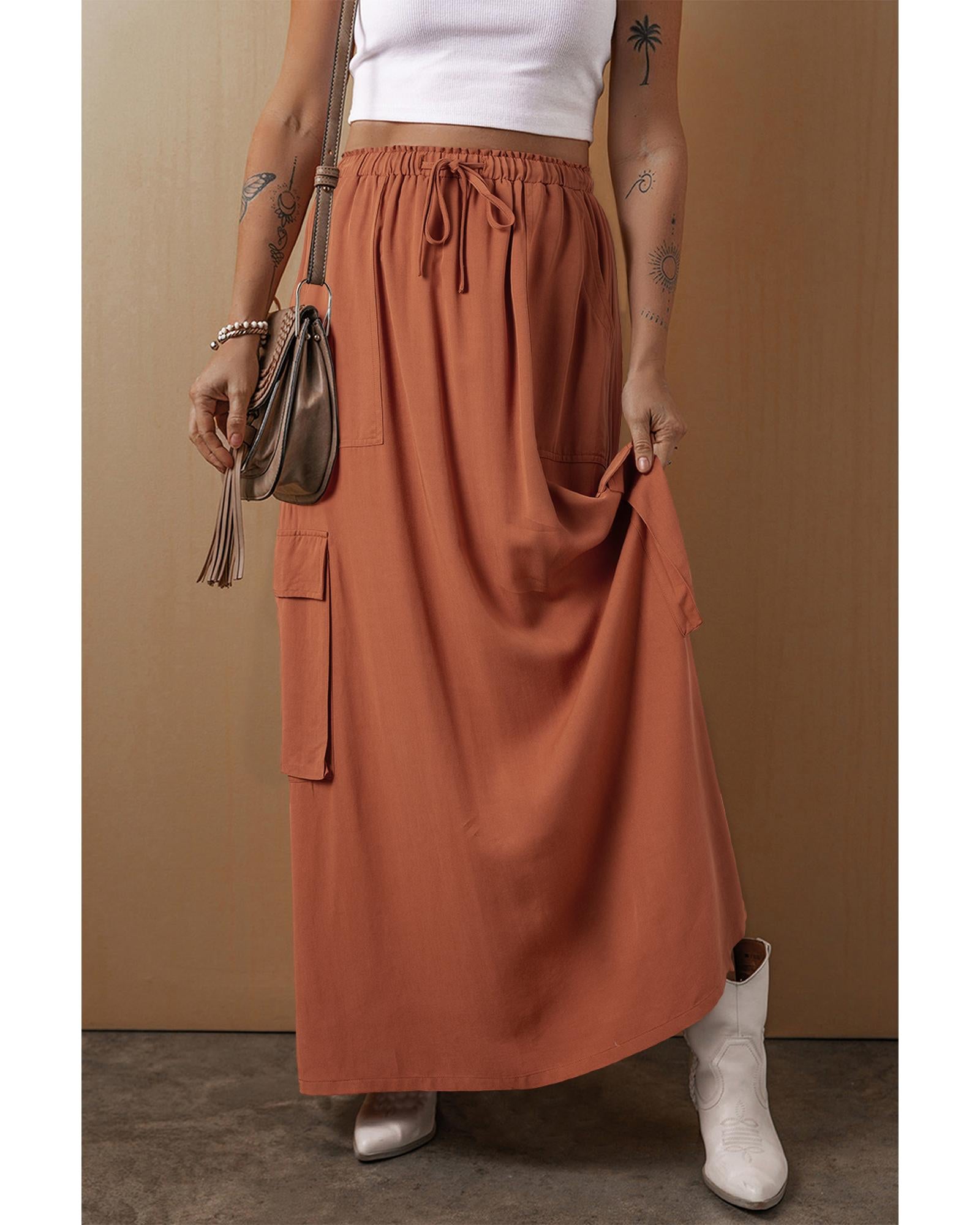 Chestnut Mineral Wash Cargo Pocket Drawstring Waist Maxi Skirt - M 4