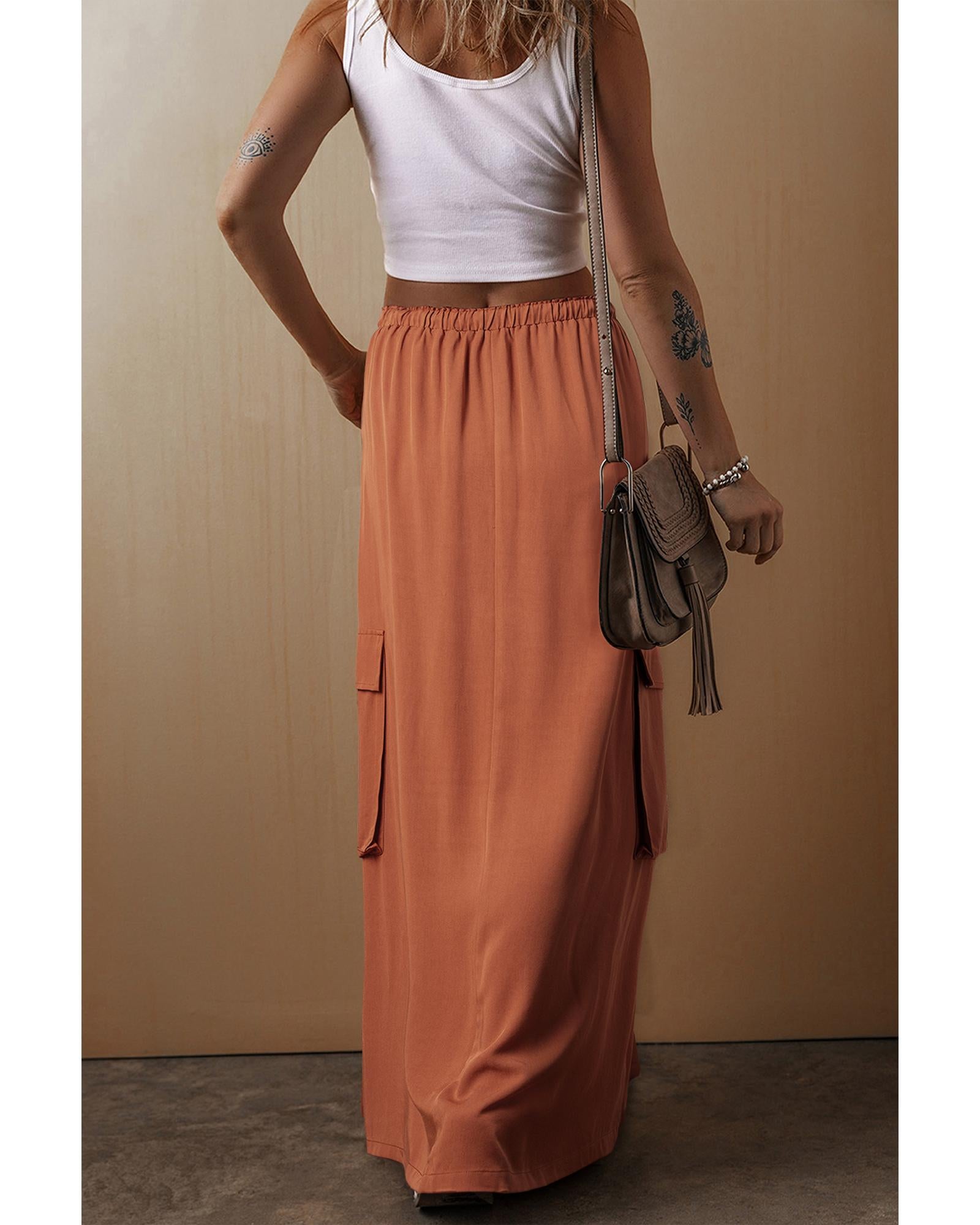 Chestnut Mineral Wash Cargo Pocket Drawstring Waist Maxi Skirt - M 5