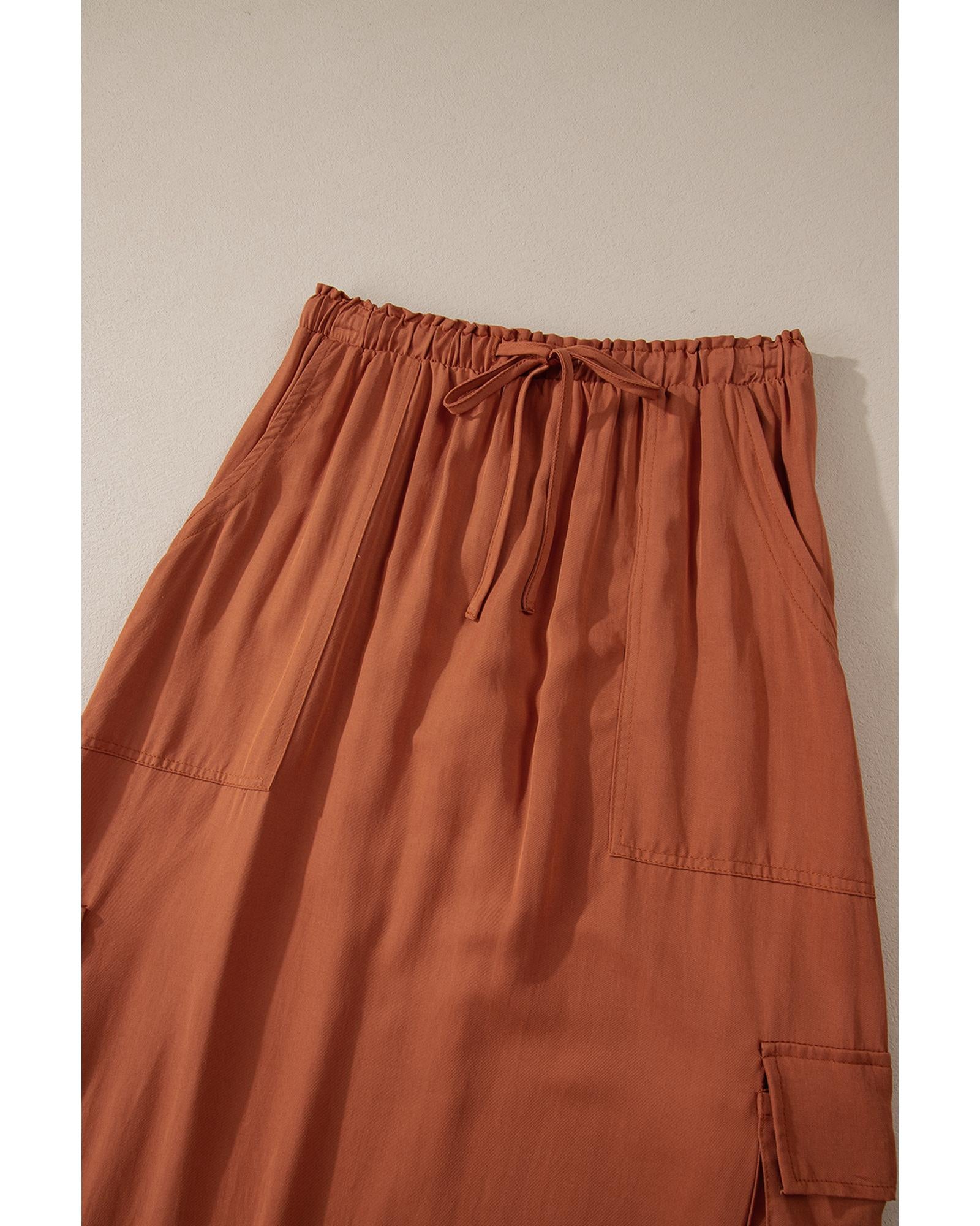 Chestnut Mineral Wash Cargo Pocket Drawstring Waist Maxi Skirt - M 7