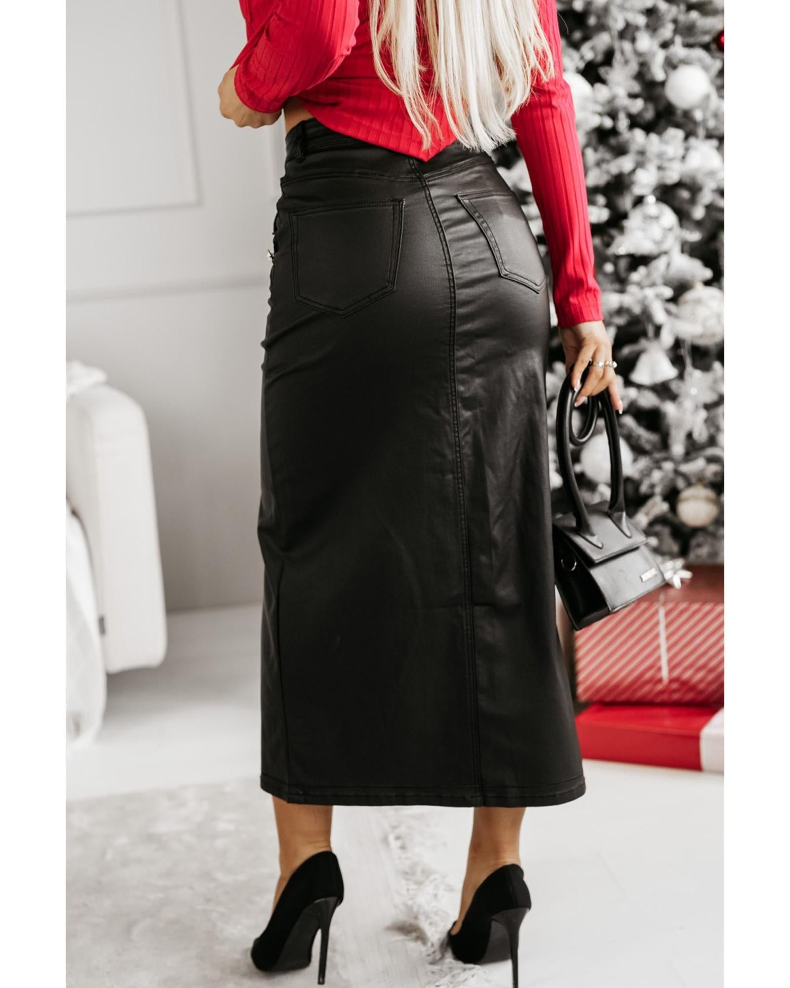 Black Split Front High Waist Slim Fit Midi Skirt - S 3
