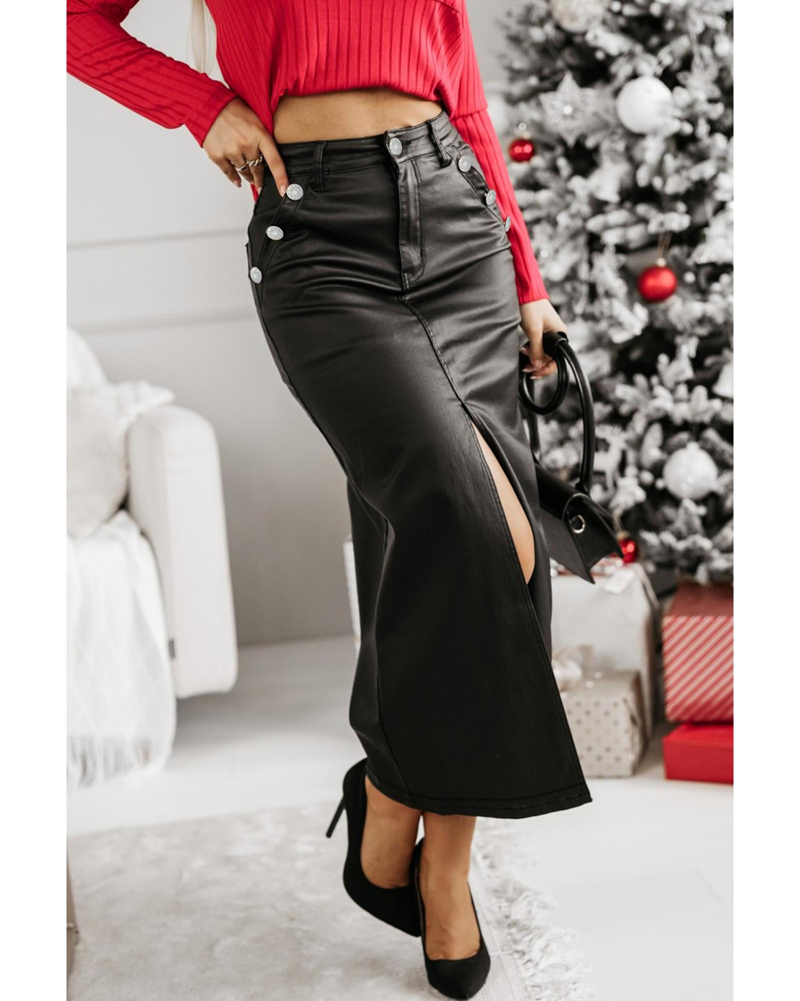 Black Split Front High Waist Slim Fit Midi Skirt - S 4