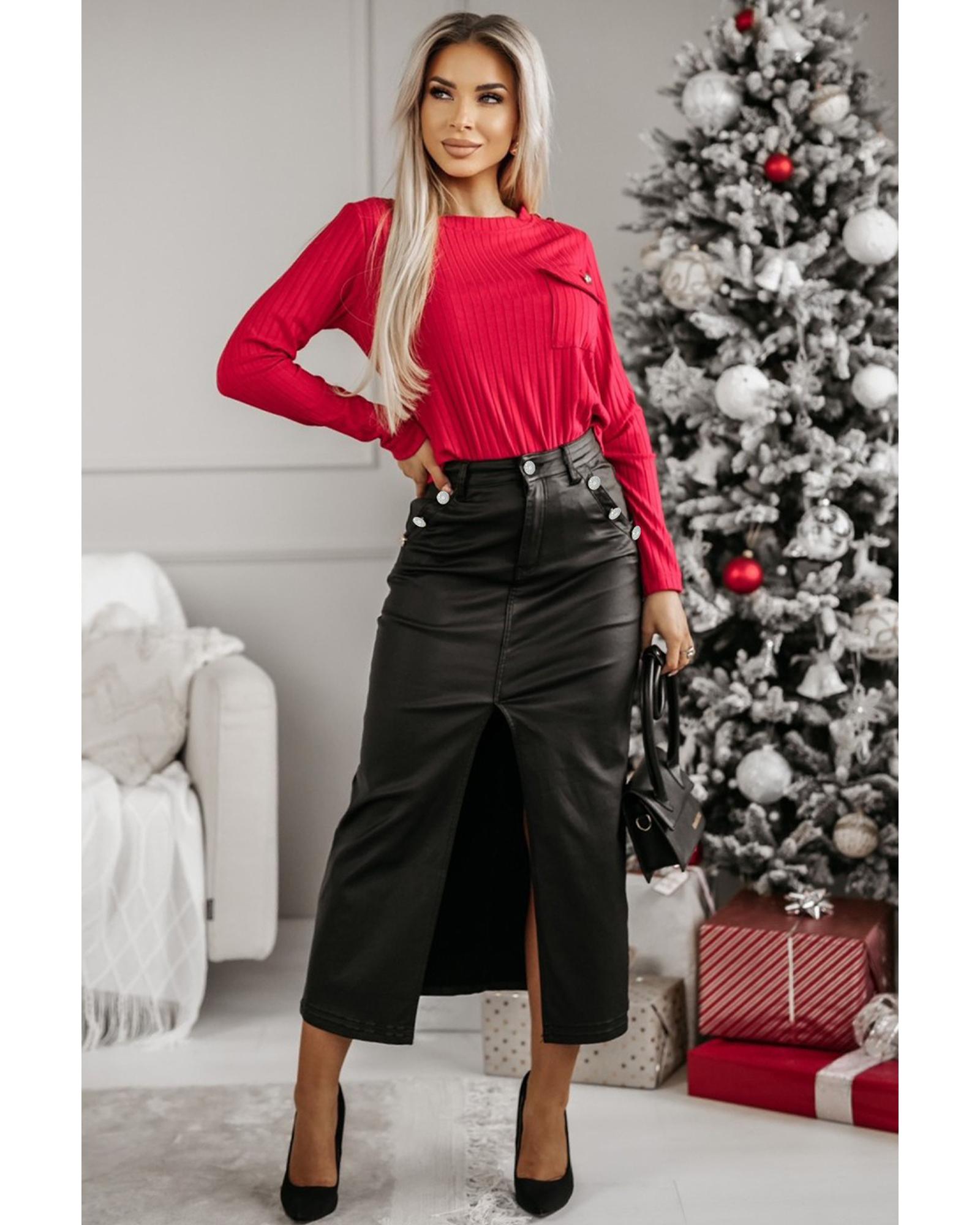 Black Split Front High Waist Slim Fit Midi Skirt - S 5