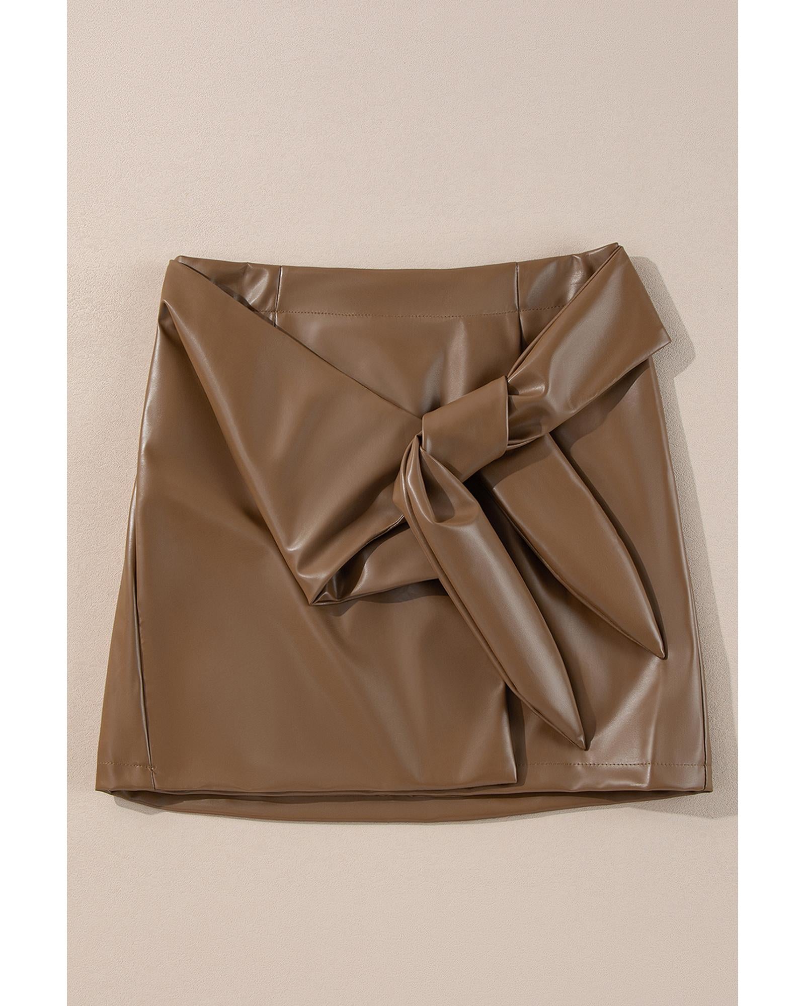 Coffee Bowknot Faux Leather Mini Skirt - L 8