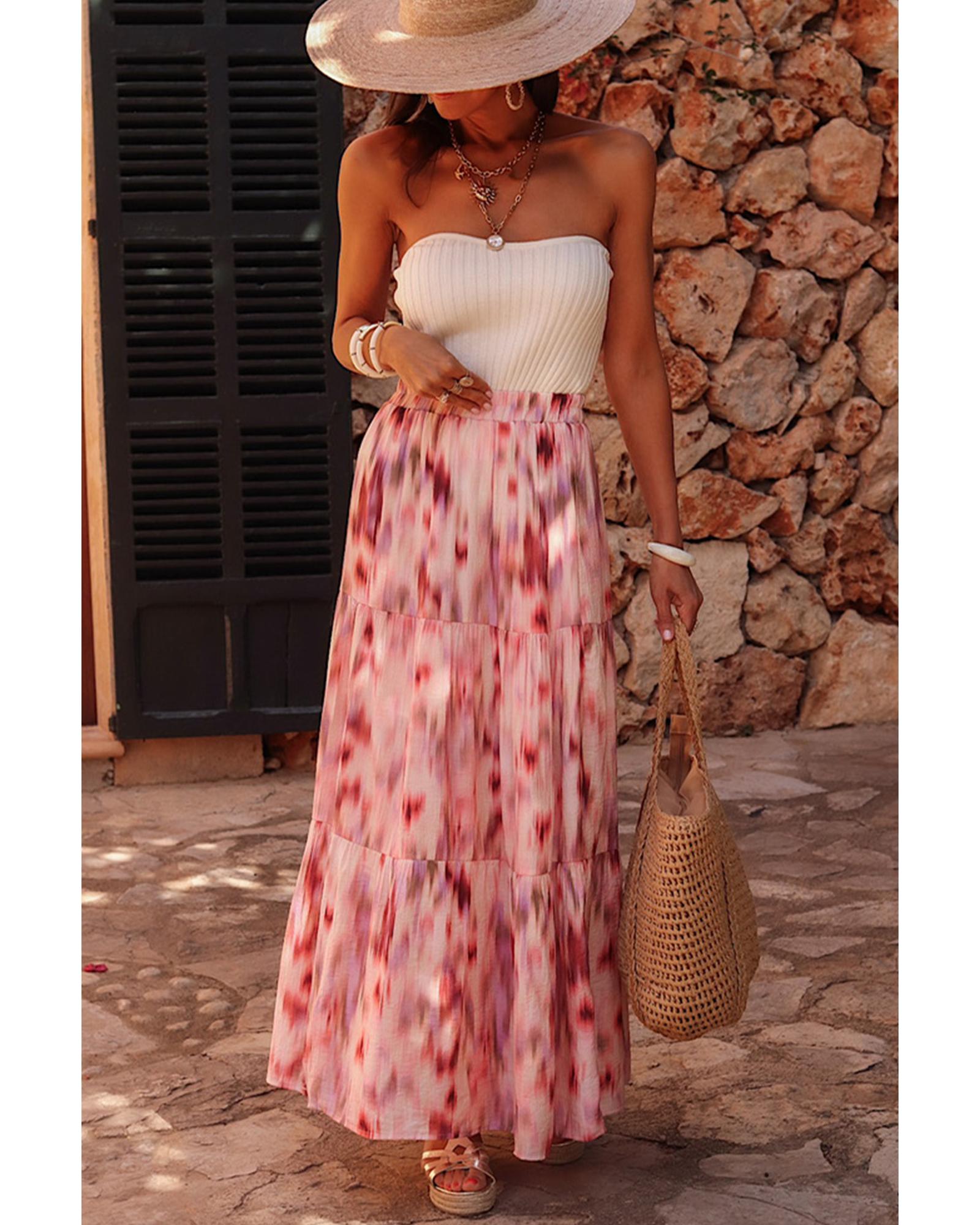 Pink Abstract Watercolor Tie Dye Tiered Maxi Skirt - L