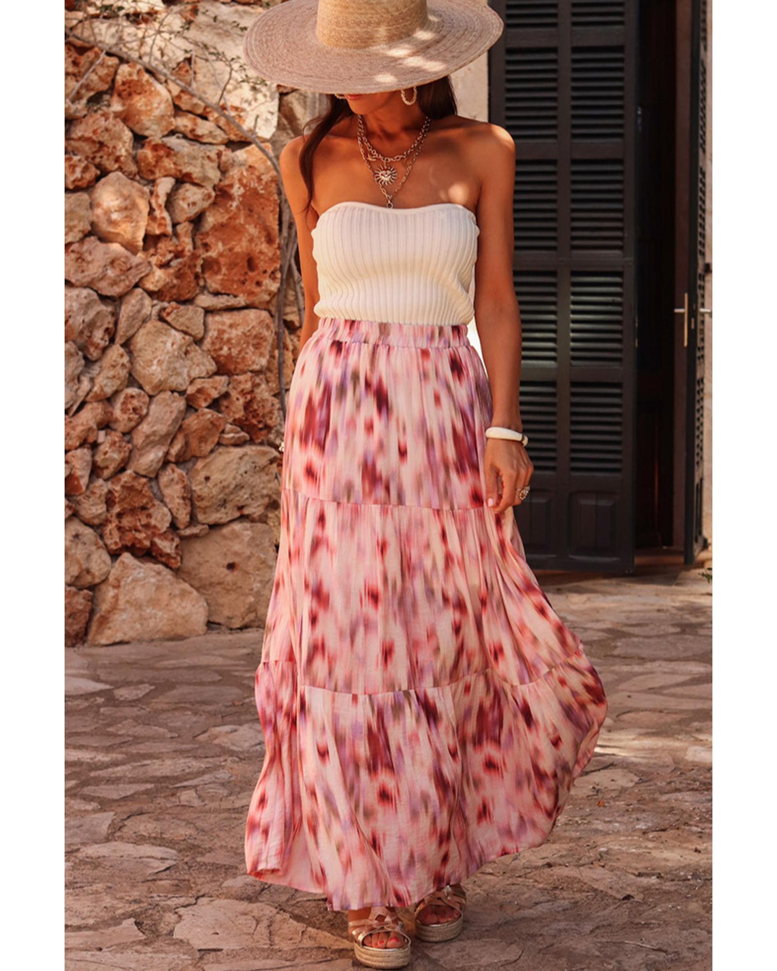 Pink Abstract Watercolor Tie Dye Tiered Maxi Skirt - L 4