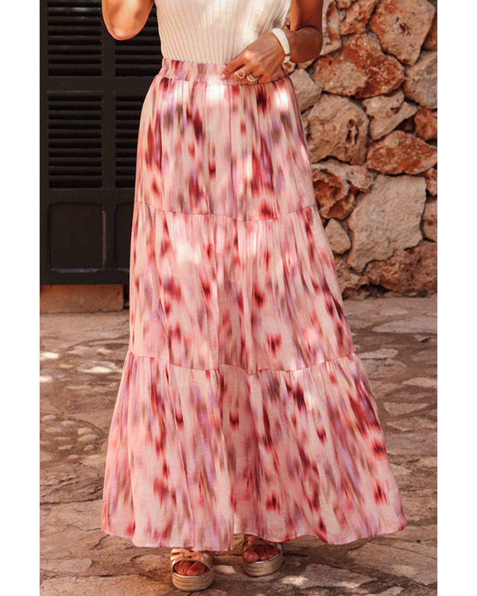 Pink Abstract Watercolor Tie Dye Tiered Maxi Skirt - L 7